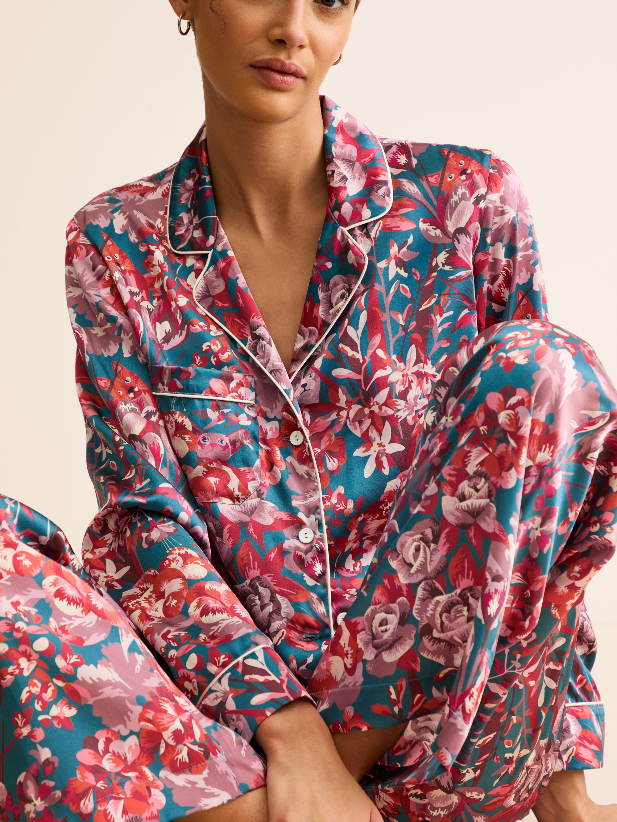 Women's Silk Pyjamas London Garden Multi Teal
