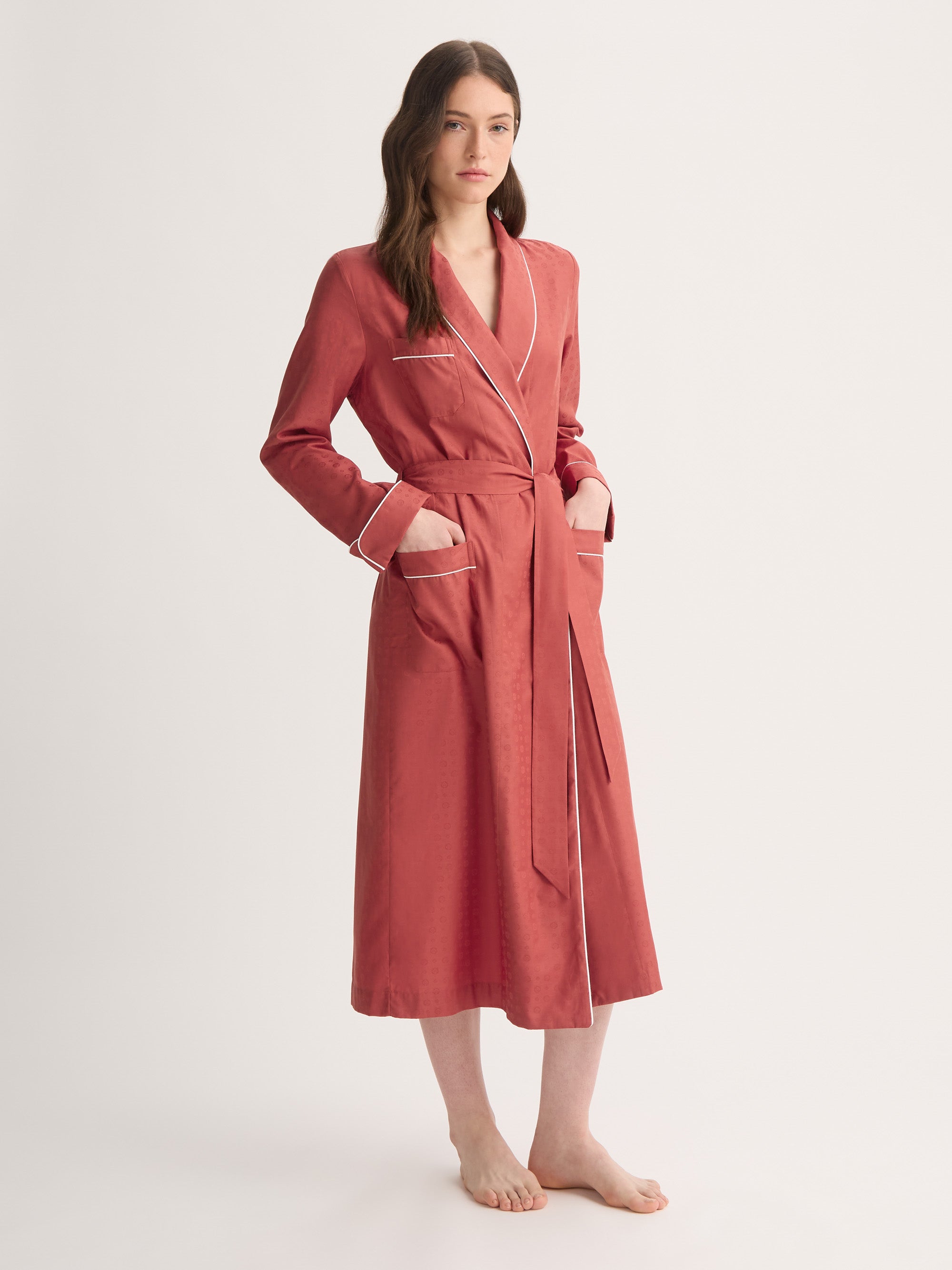 Women's Dressing Gown Cotton Jacquard Red Rose Motif