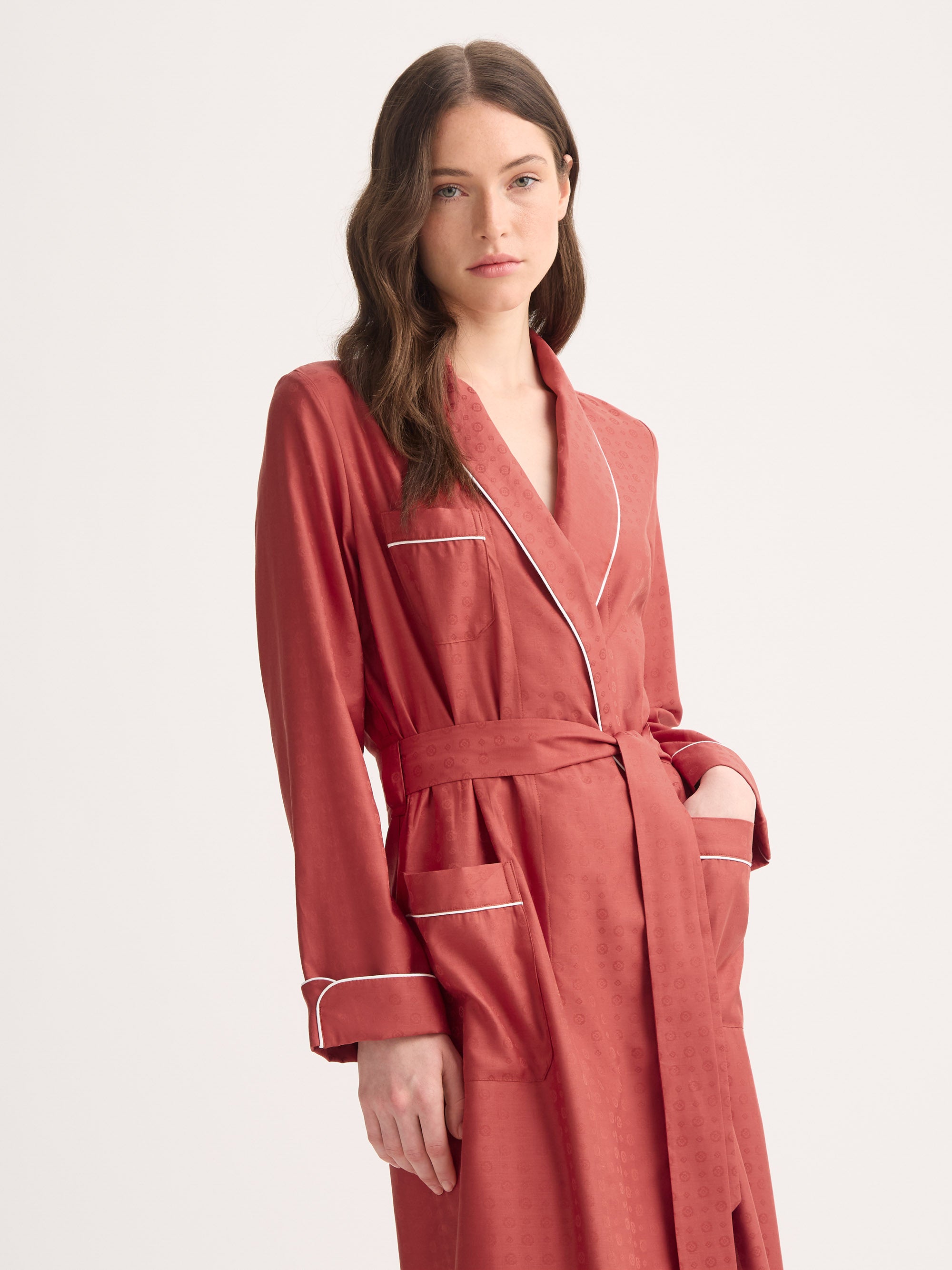 Women's Dressing Gown Cotton Jacquard Red Rose Motif