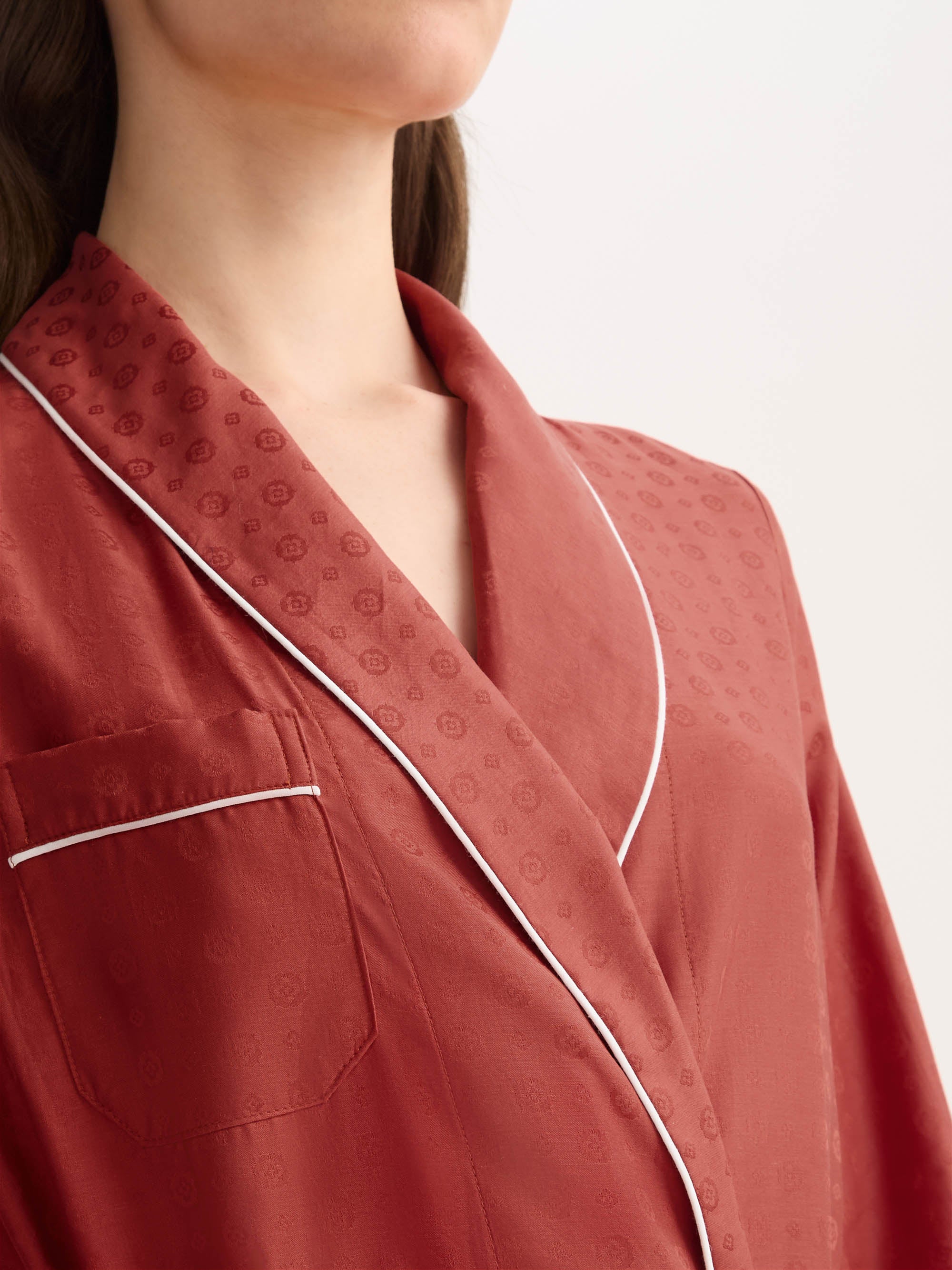 Women's Dressing Gown Cotton Jacquard Red Rose Motif