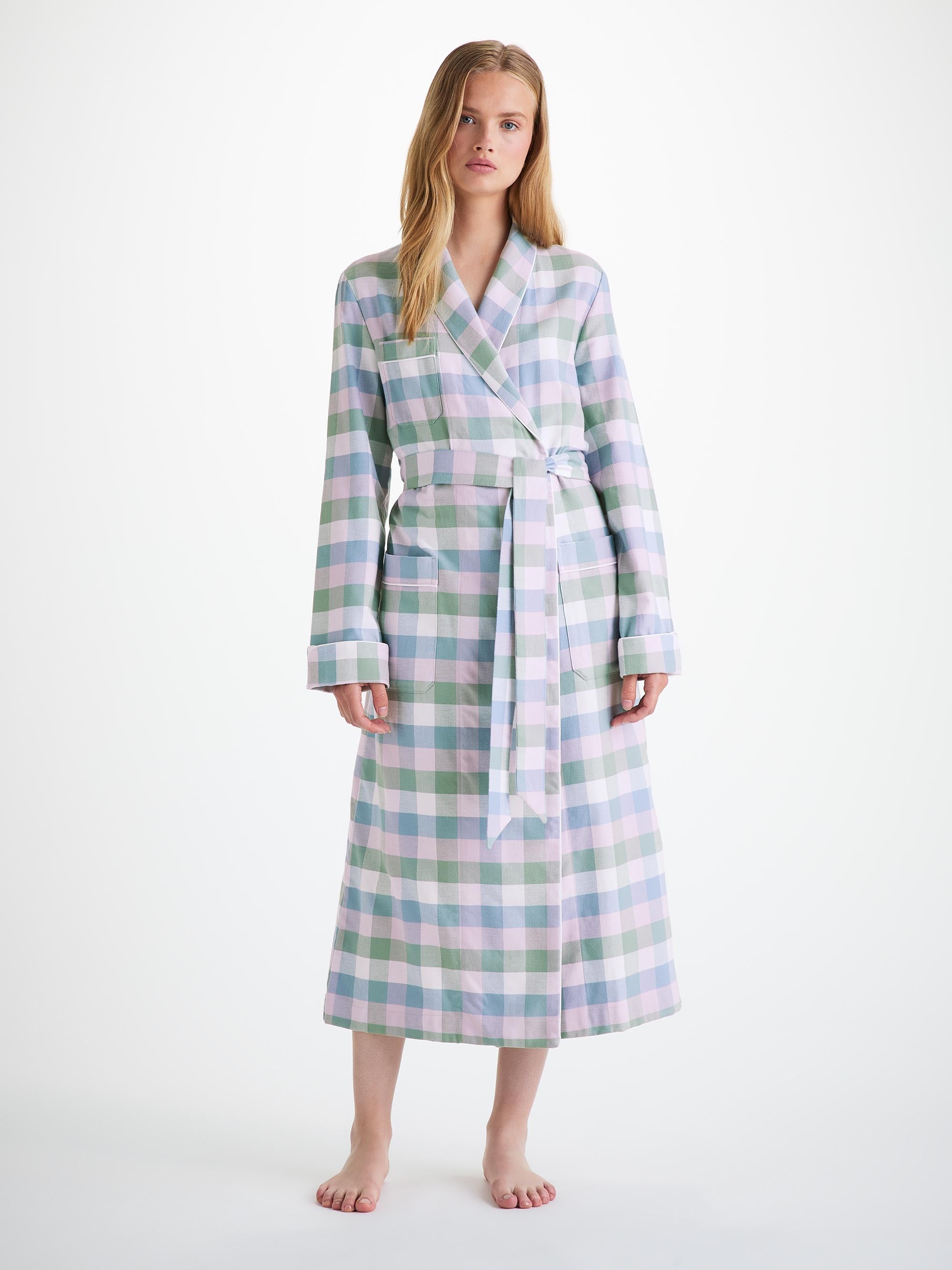 Women's Long Dressing Gown Kelburn 45 Brushed Cotton Green