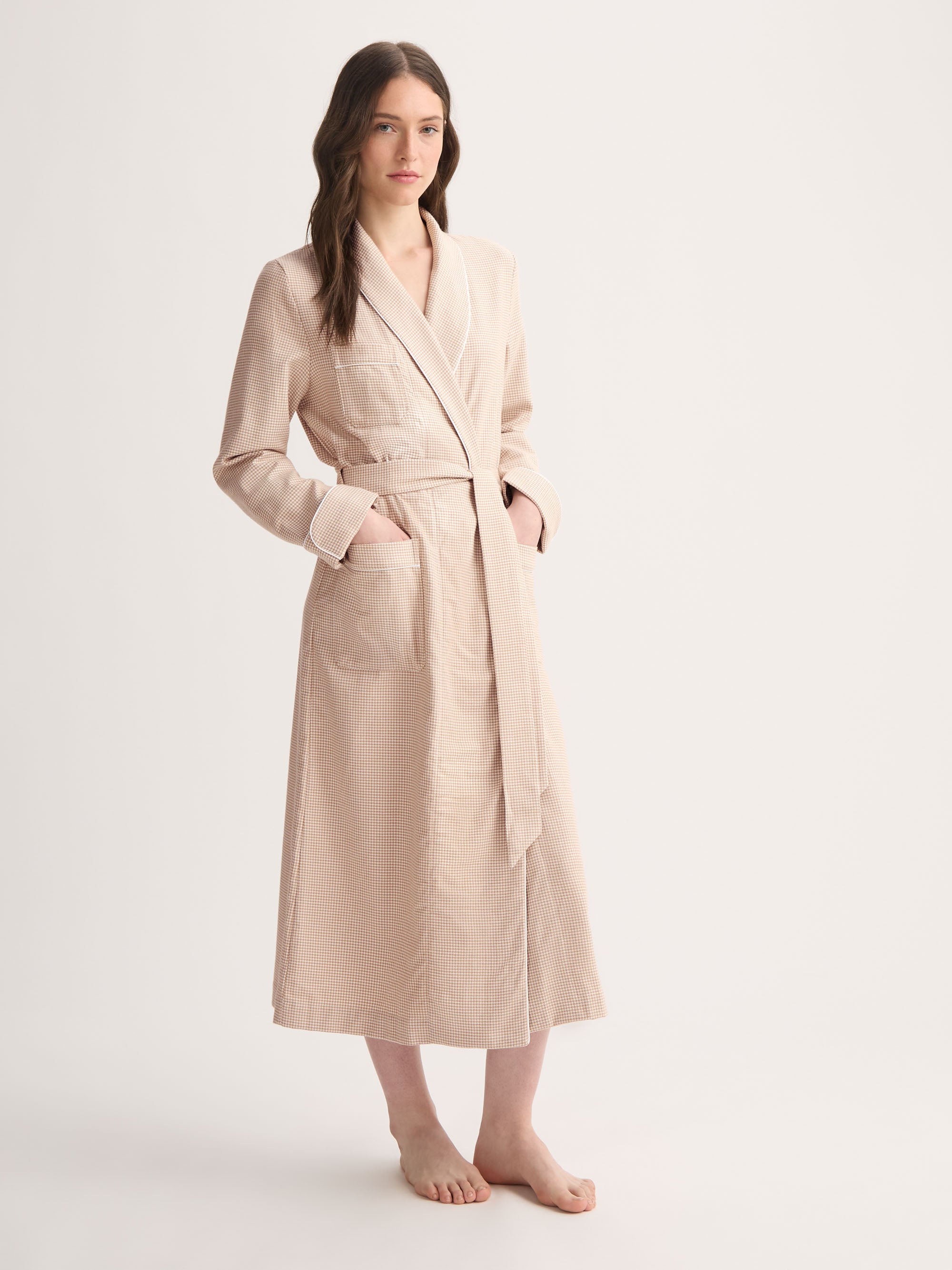 Women's Dressing Gown Kelburn Brushed Cotton Blush Houndstooth Women's Dressing Gown Kelburn Brushed Cotton Blush Houndstooth