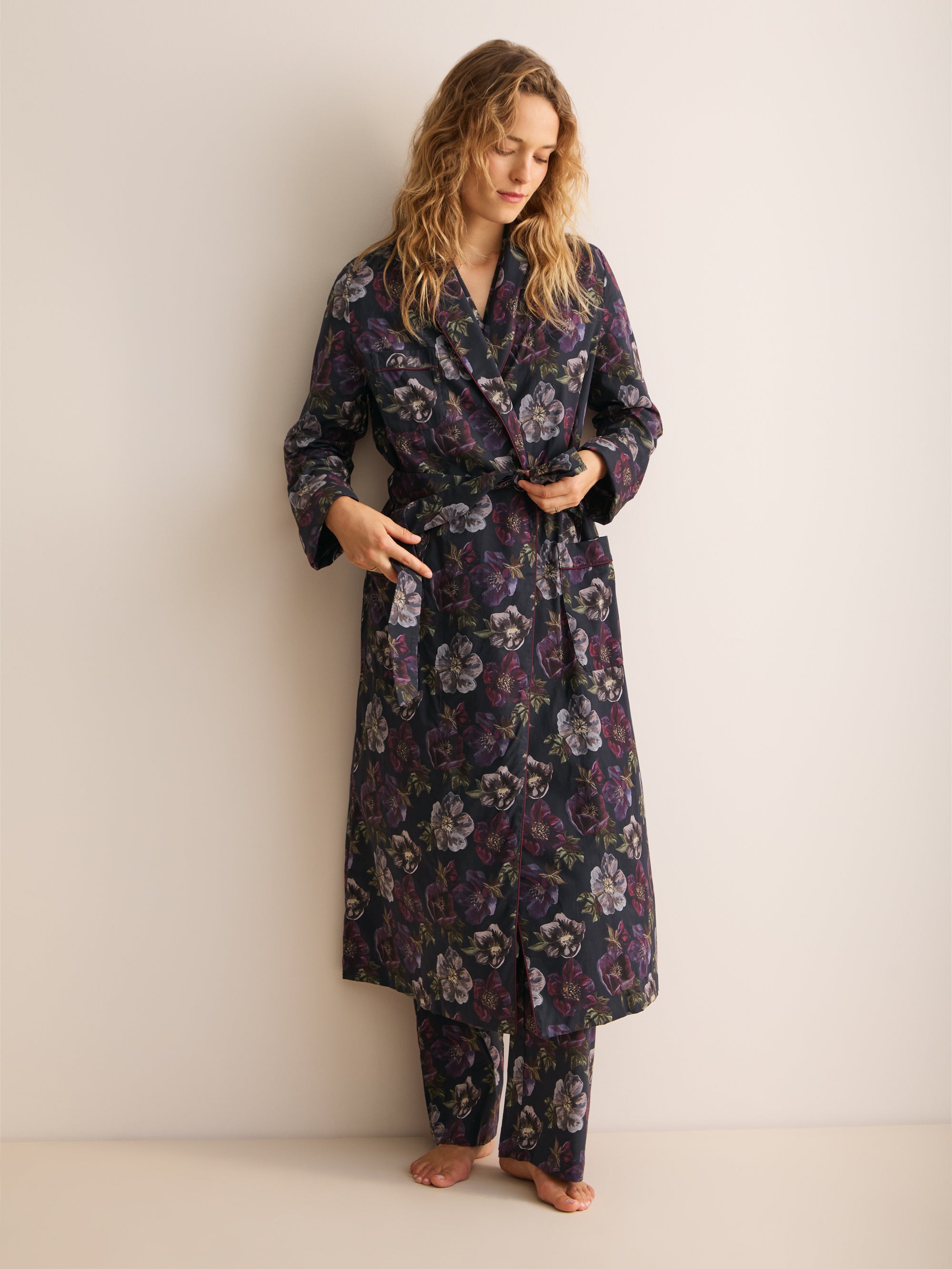Ledbury Cotton Batiste Dressing Gown Midnight Blue Floral