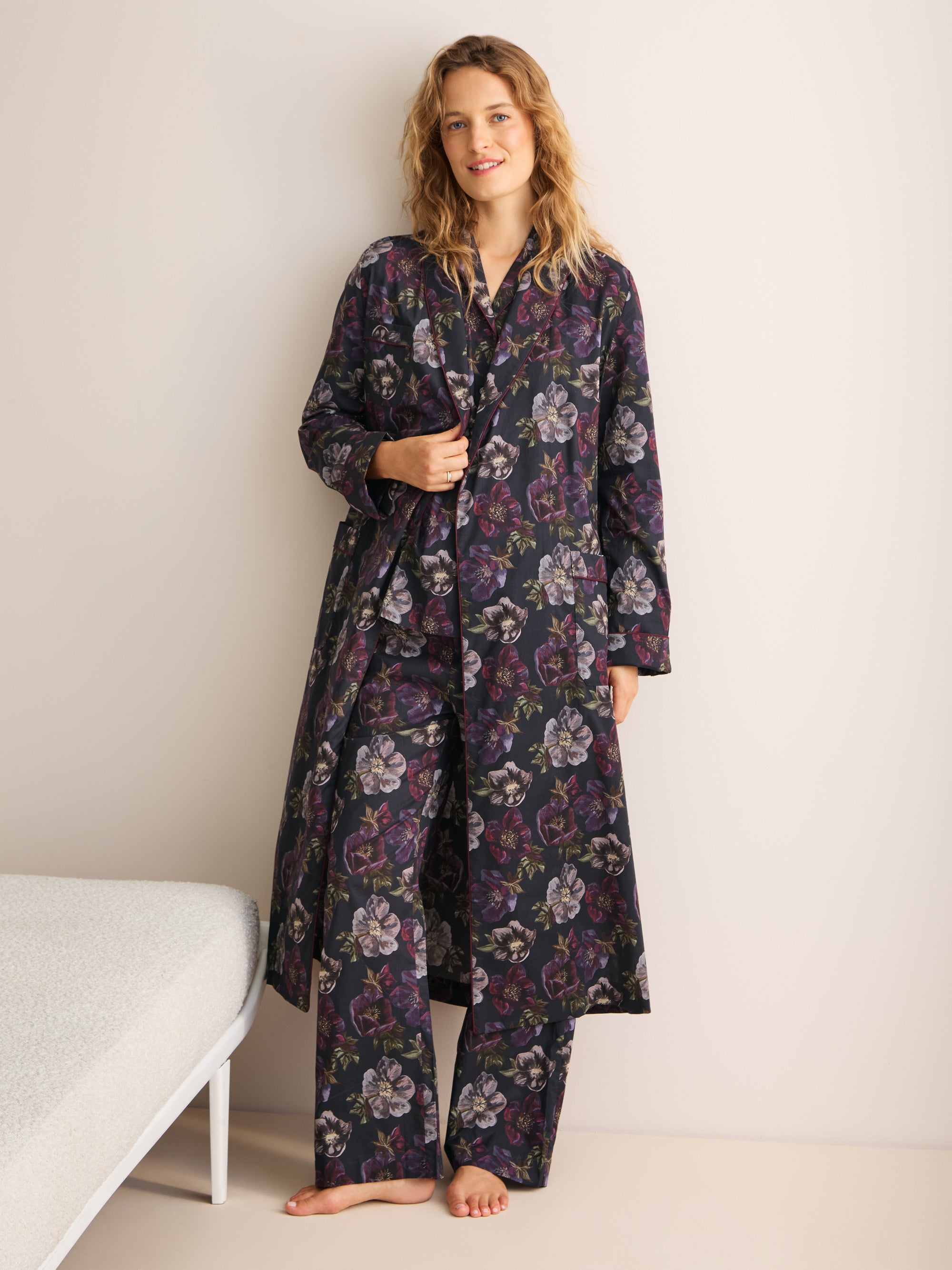 Ledbury Cotton Batiste Dressing Gown Midnight Blue Floral
