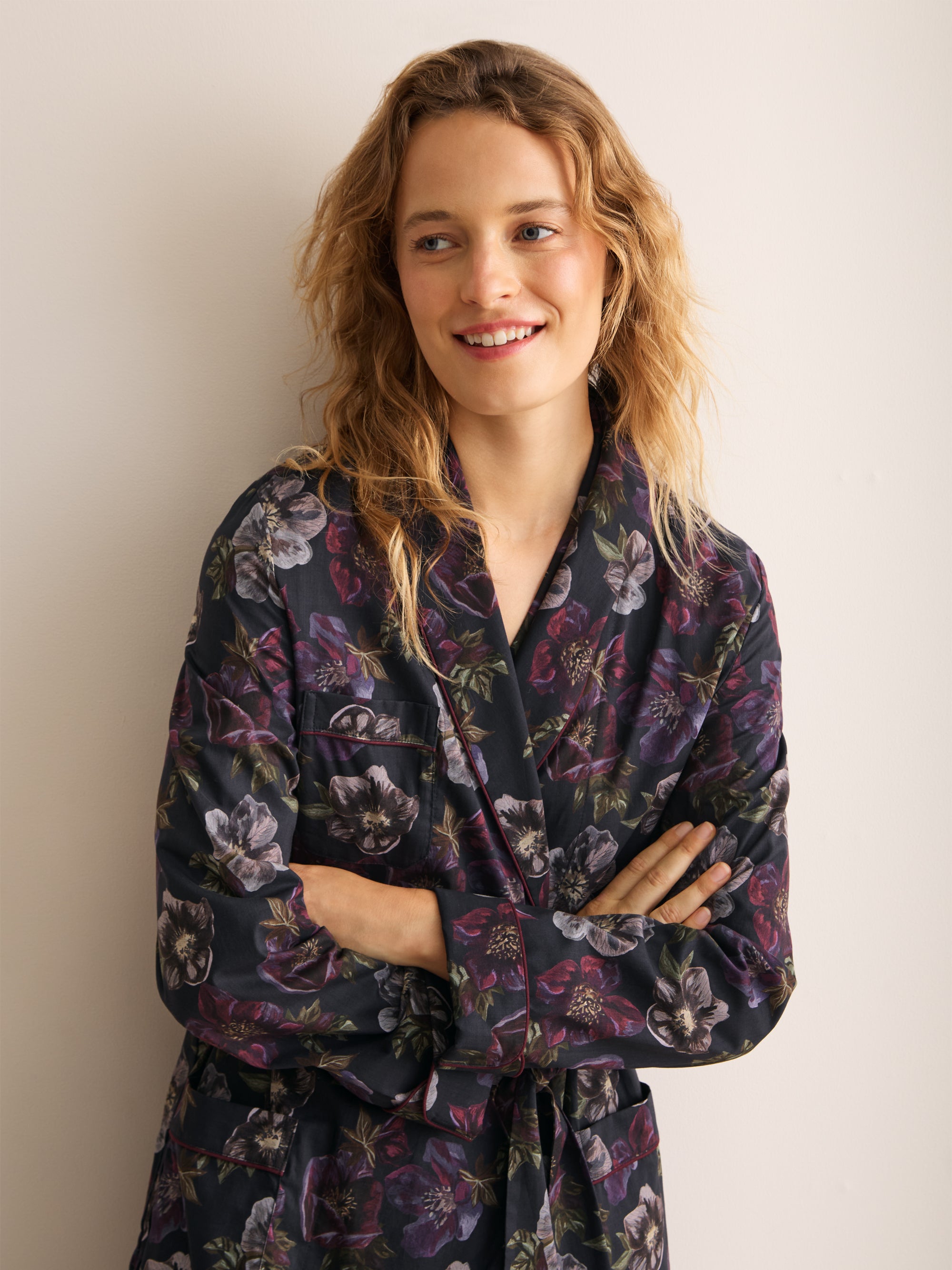 Ledbury Cotton Batiste Dressing Gown Midnight Blue Floral