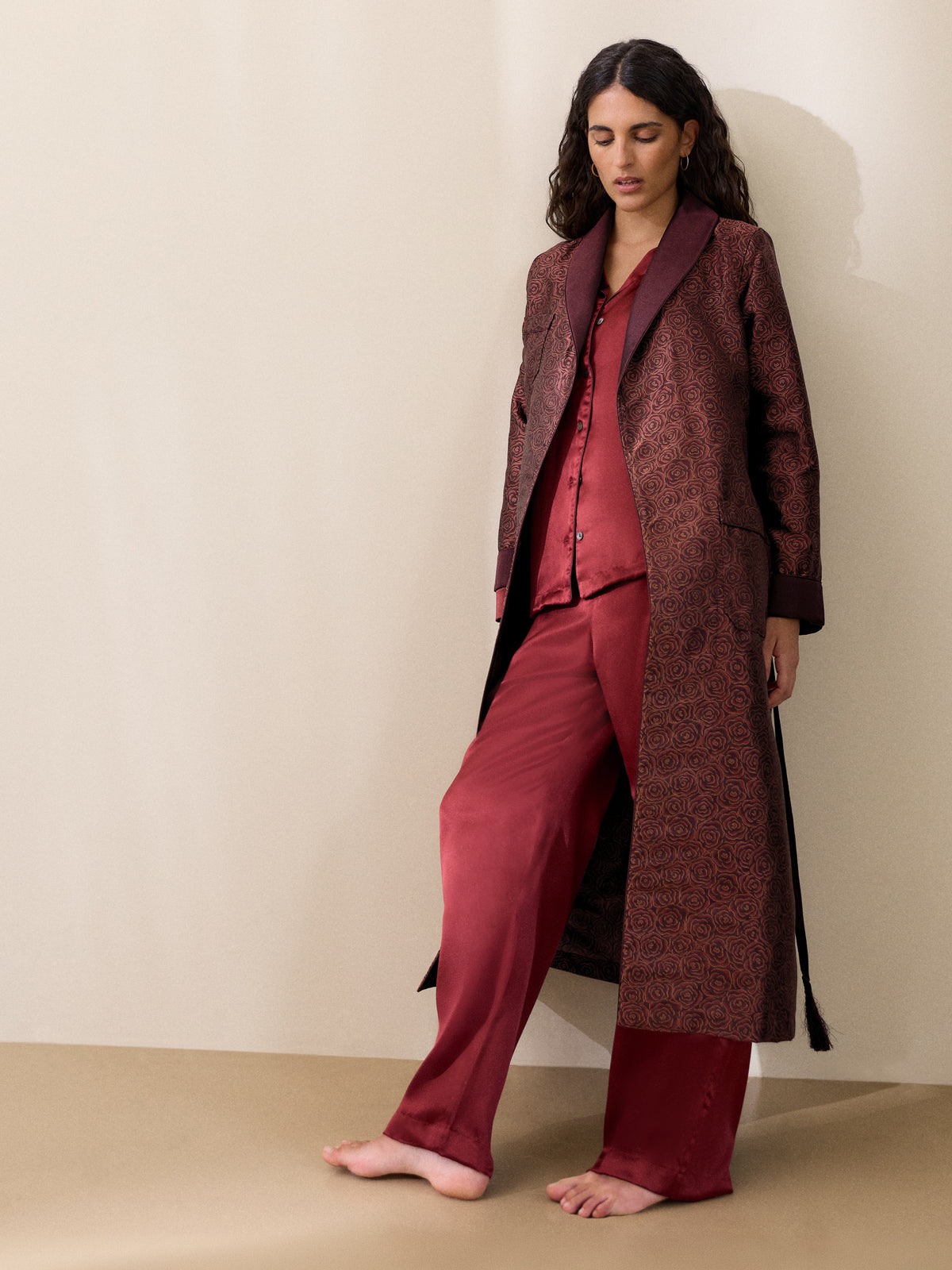 Verona Silk Jacquard Dressing Gown Red Rose