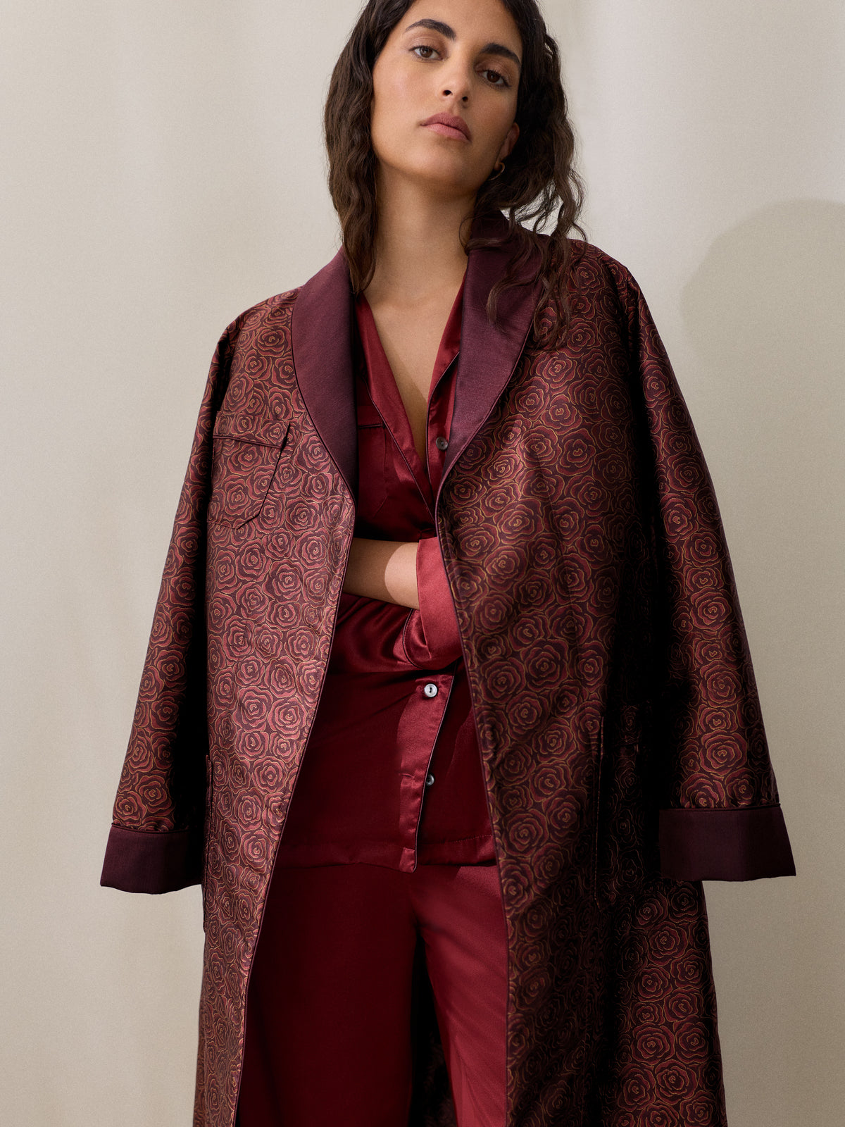 Verona Silk Jacquard Dressing Gown Red Rose