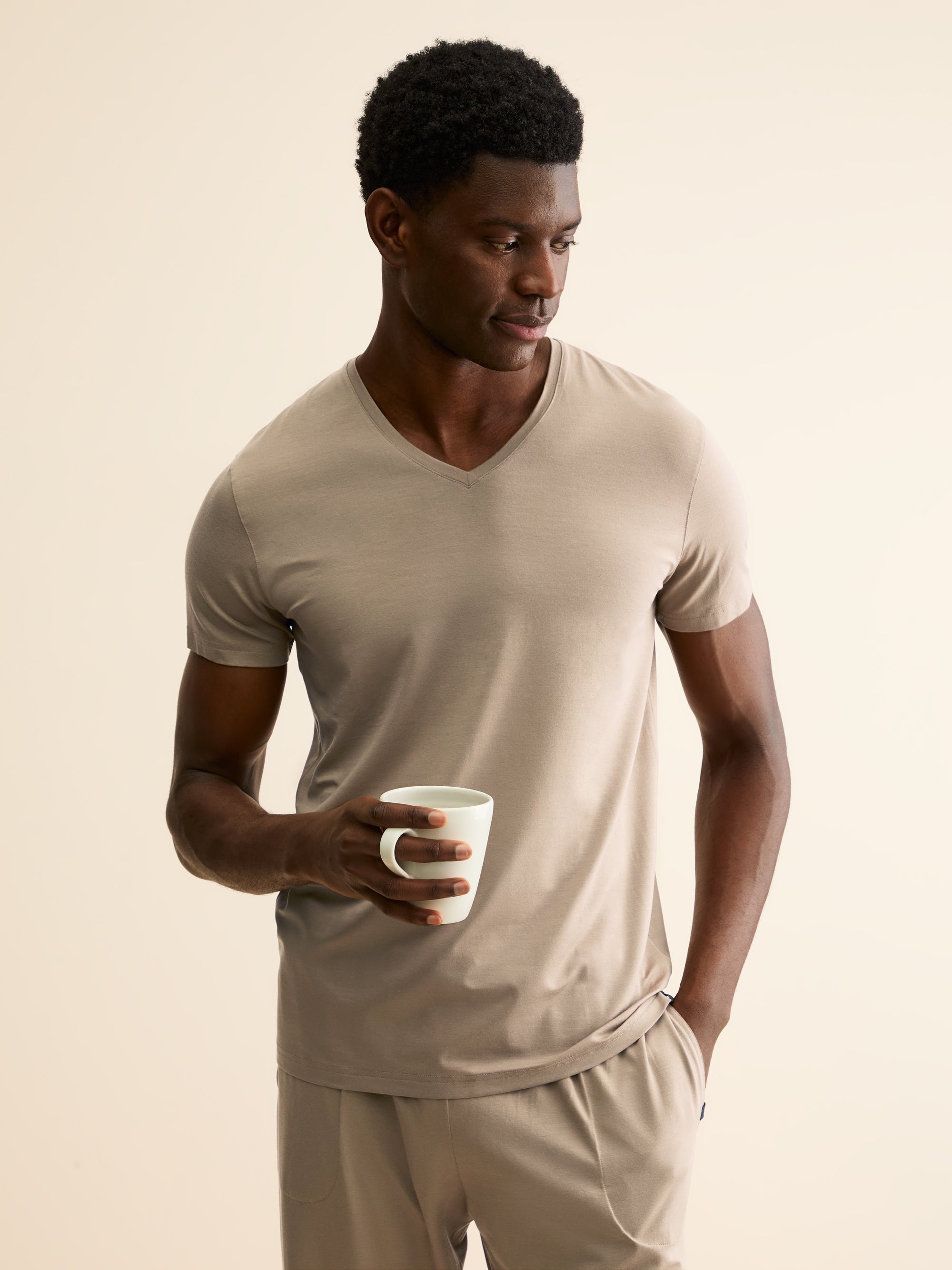 Men's V-Neck T-Shirt Basel Micro Modal Stretch Taupe | Derek Rose
