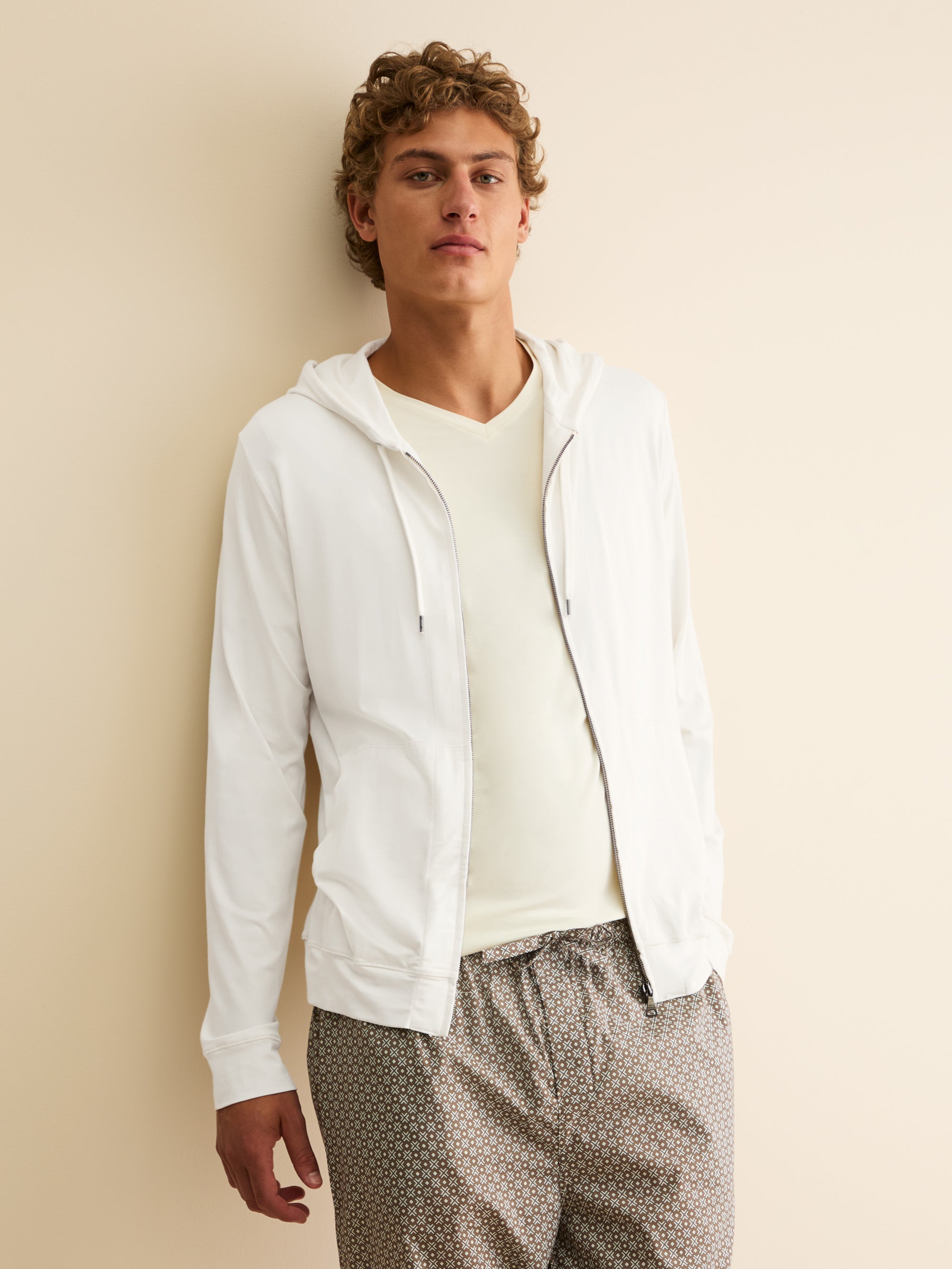Men's Zip Up Hoodie Basel Micro Modal Stretch Vanilla | Derek Rose