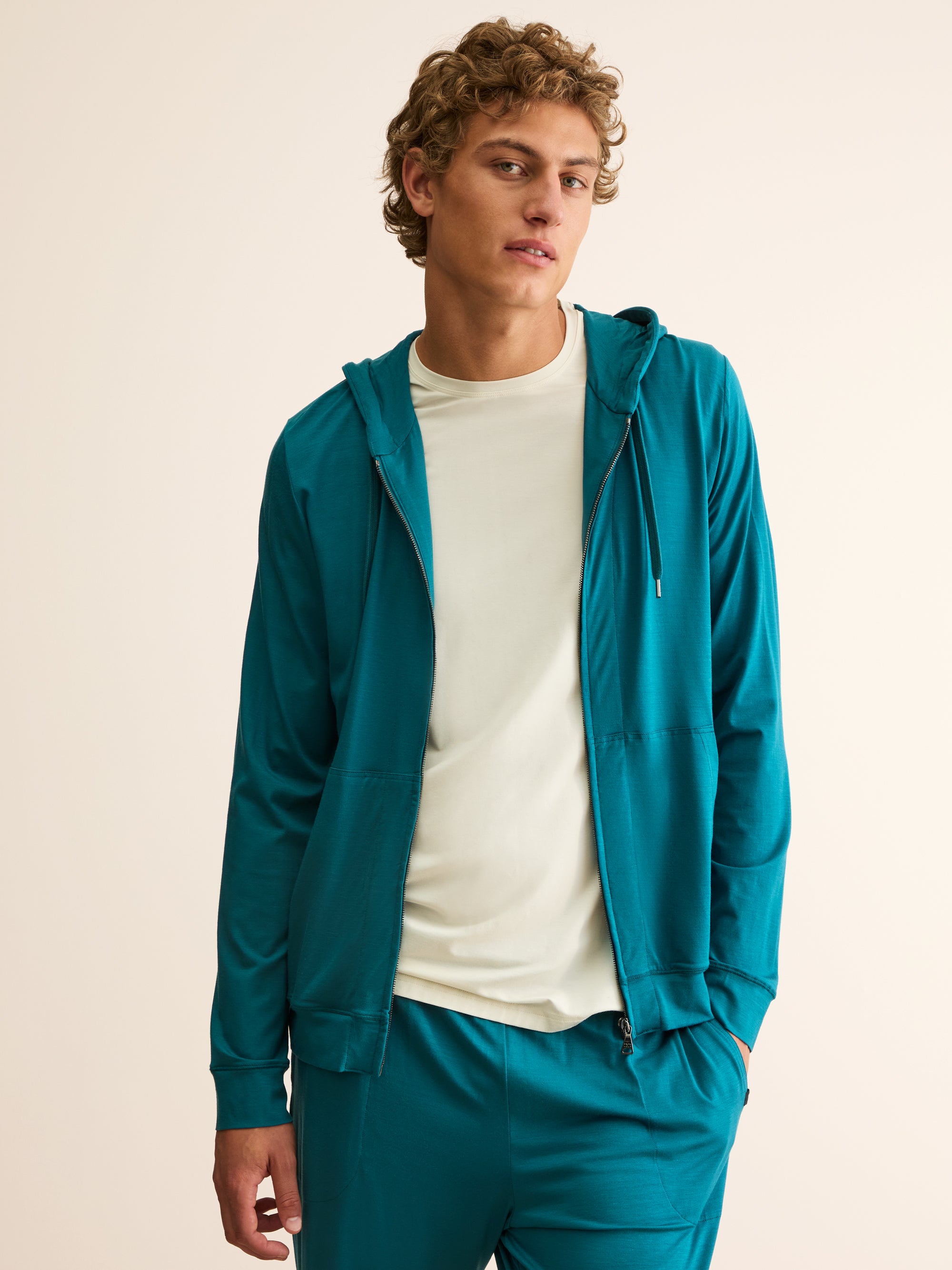 Men's Zip Up Hoodie Basel Micro Modal Stretch Teal