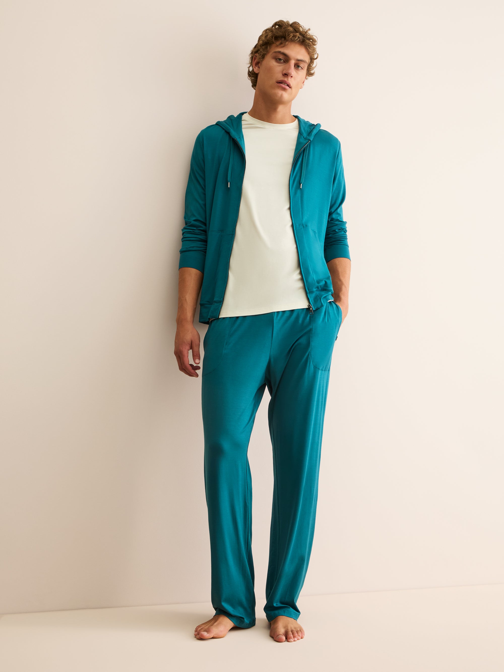 Men's Zip Up Hoodie Basel Micro Modal Stretch Teal