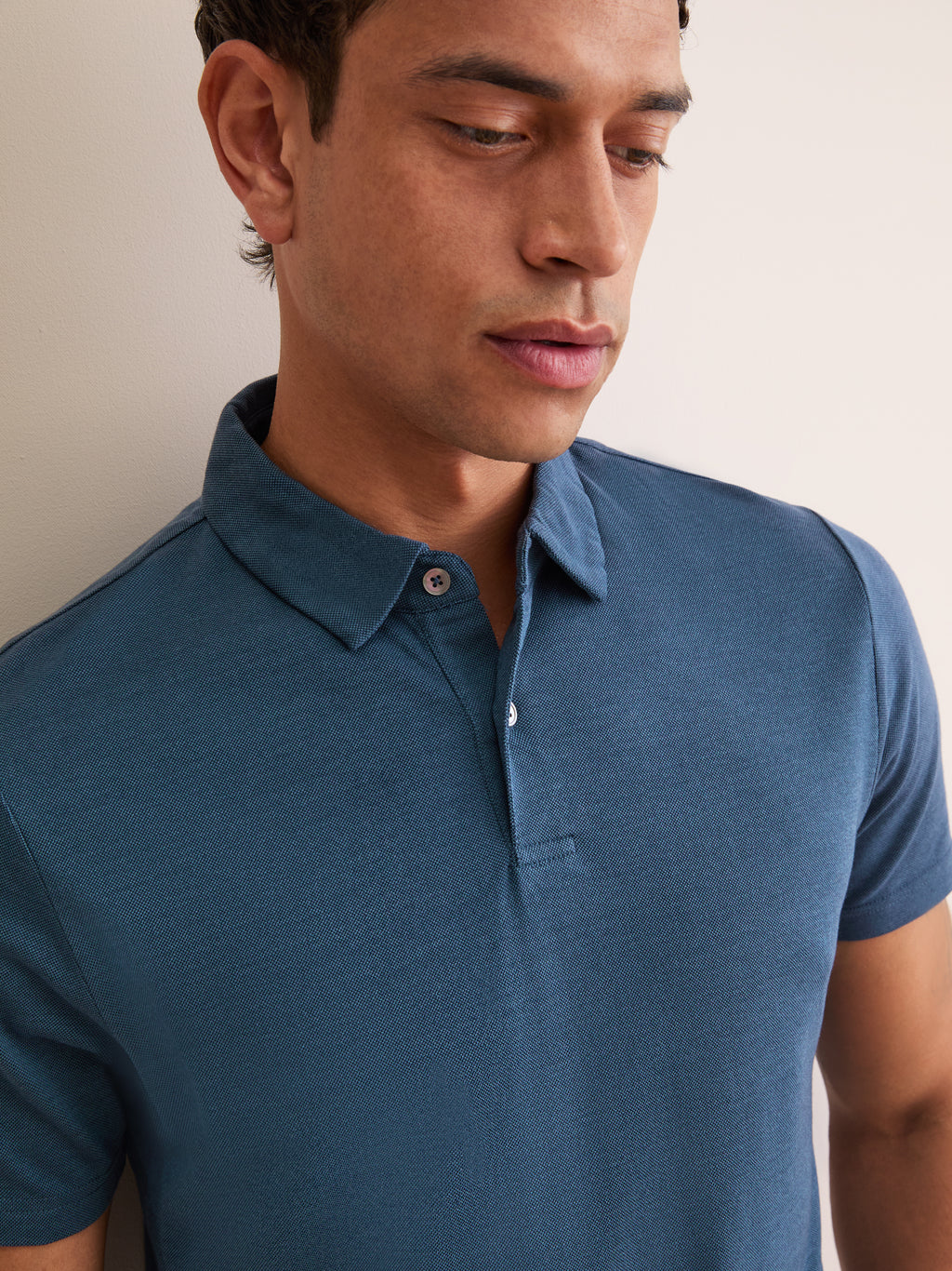 Men's Ramsay Piqué Cotton Lyocell Polo Shirt Denim Blue | Derek Rose