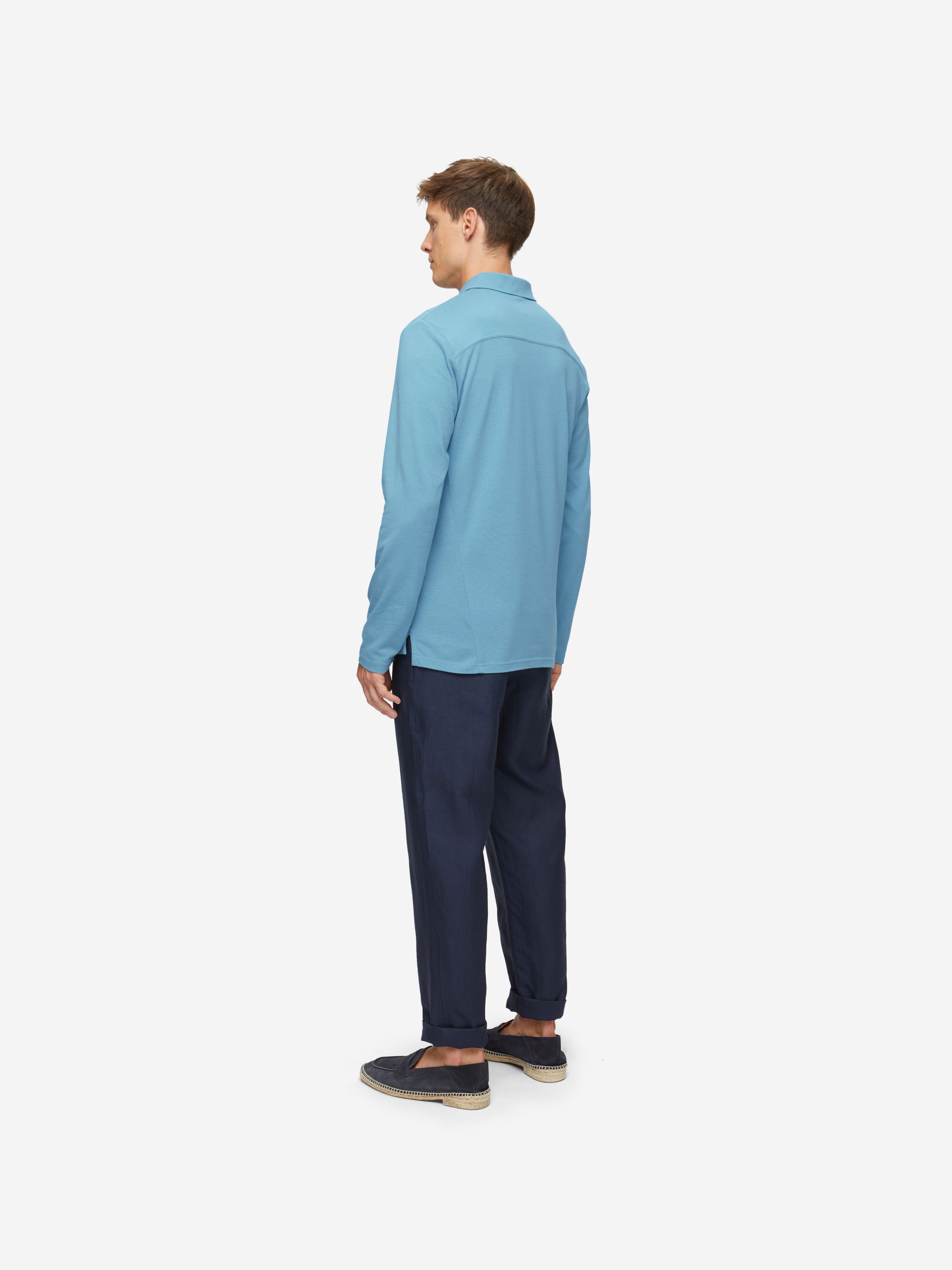 Men's Long Sleeve Polo Shirt Ramsay 4 Pique Cotton Tencel Blue