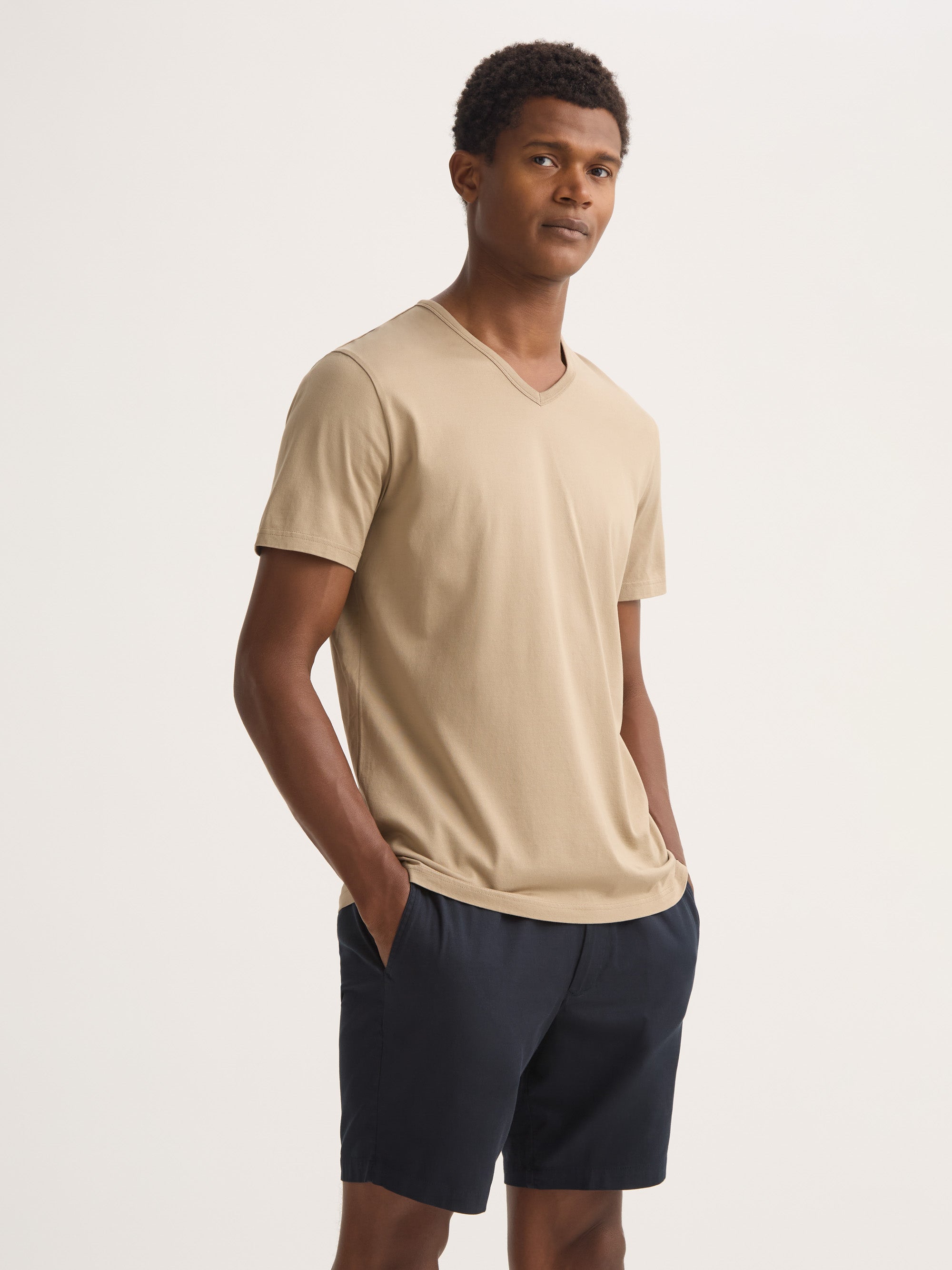 TANGRAM ベージュ Vネック TURF WIND SHIRTS Men's V-Neck T-Shirt Barny Pima Cotton Taupe