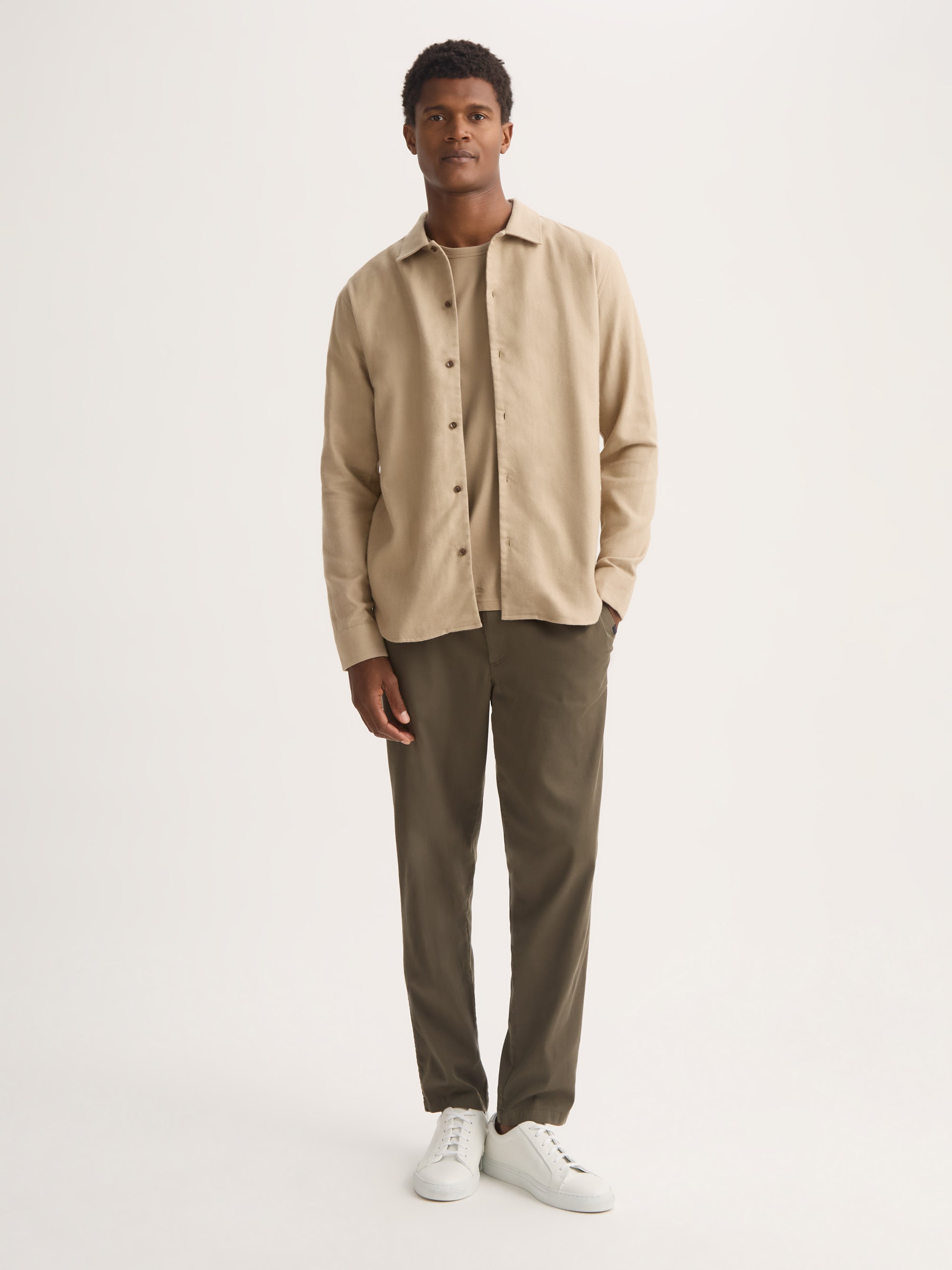 Men's Flannel Overshirt Kelburn Brushed Cotton Light Stone Herringbone
