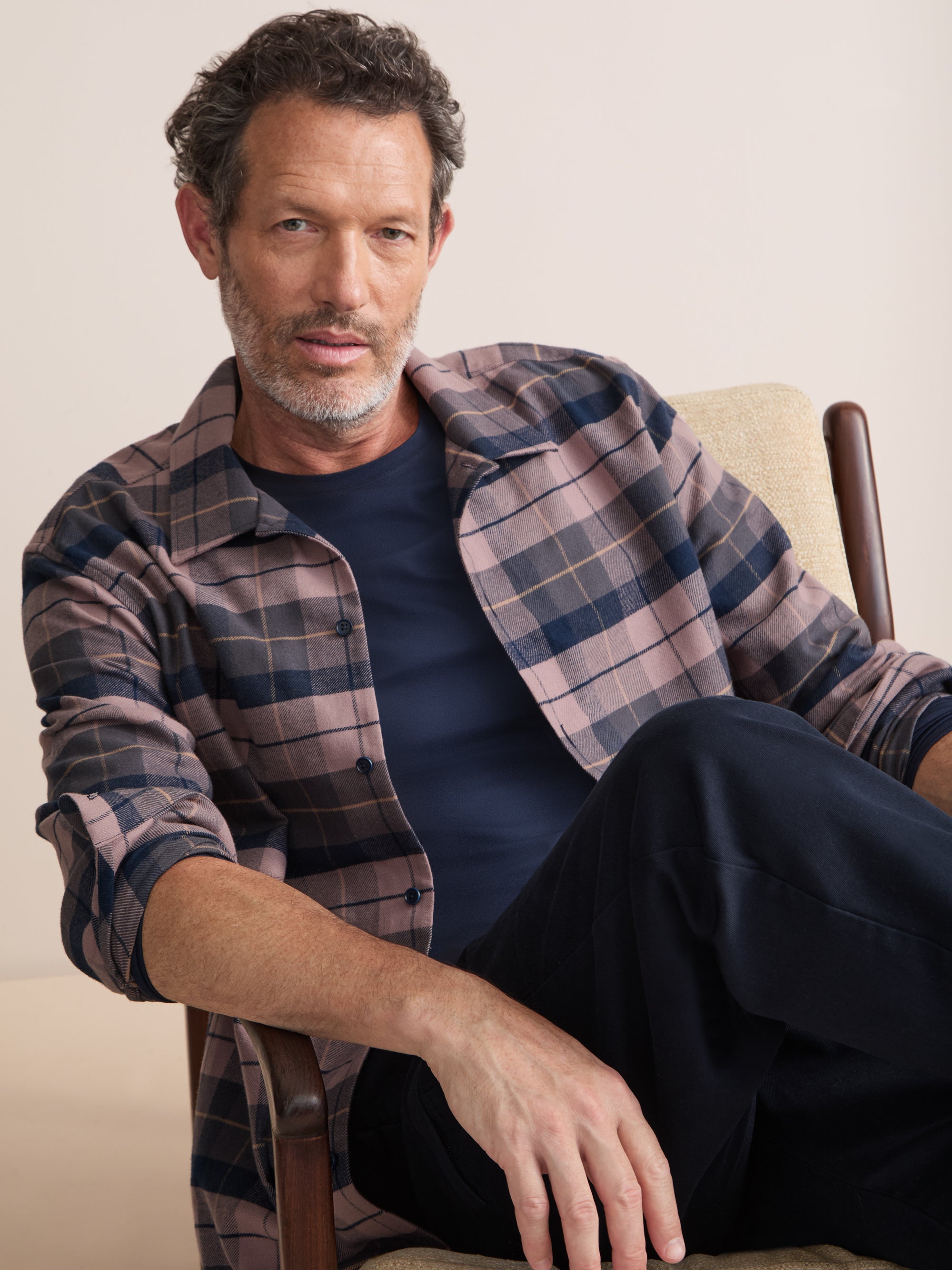 Kelburn Brushed Cotton Flannel Shirt Navy & Dusty Pink Check