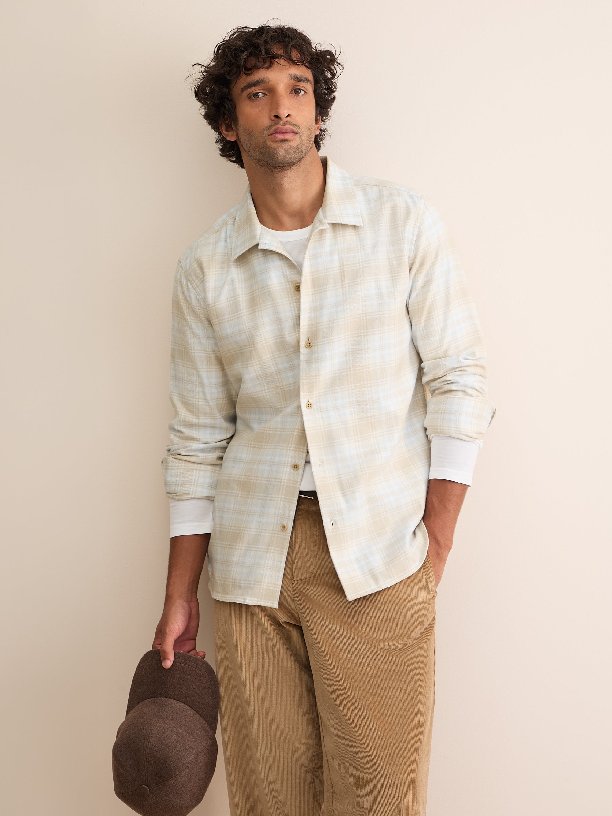 Kelburn Brushed Cotton Flannel Shirt Oatmeal & Ice Blue Check