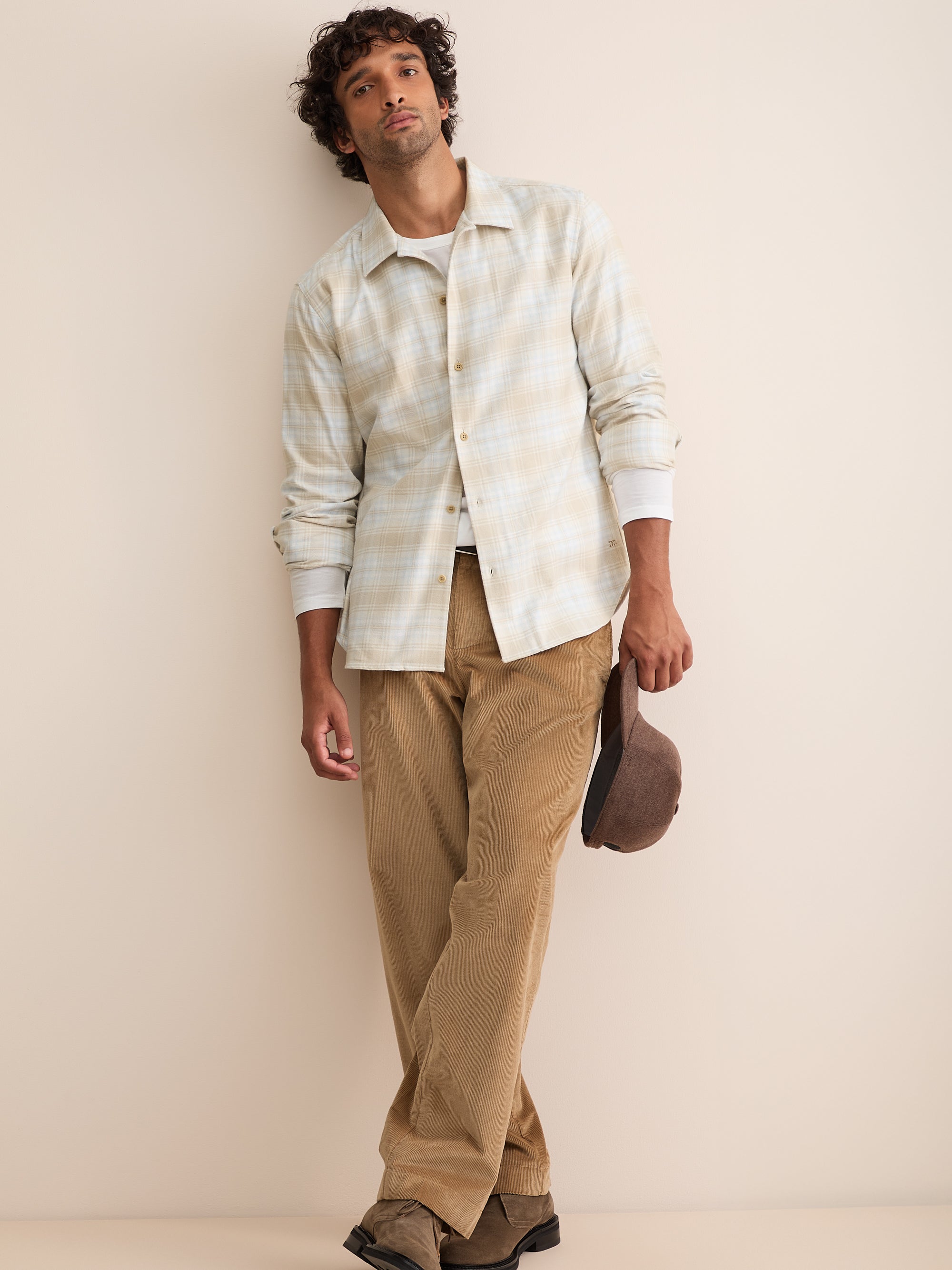 Kelburn Brushed Cotton Flannel Shirt Oatmeal & Ice Blue Check