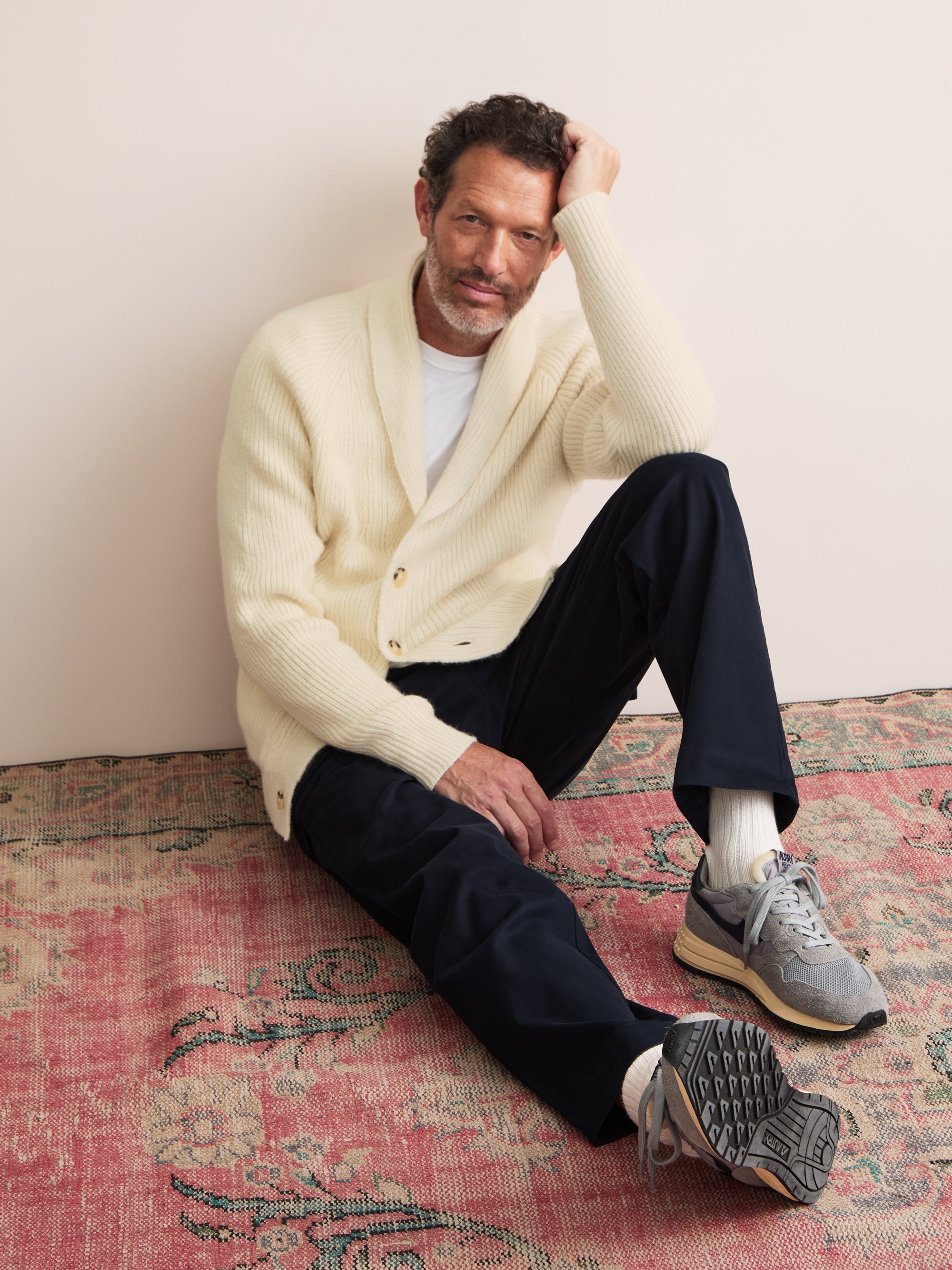Arthur Wool Cashmere Ribbed Shawl Collar Cardigan Cream