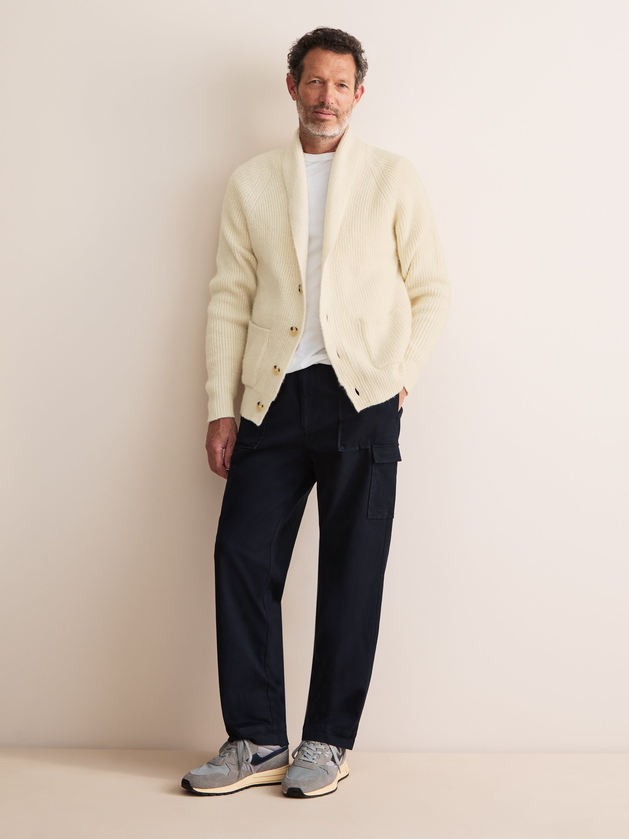 Arthur Wool Cashmere Ribbed Shawl Collar Cardigan Cream