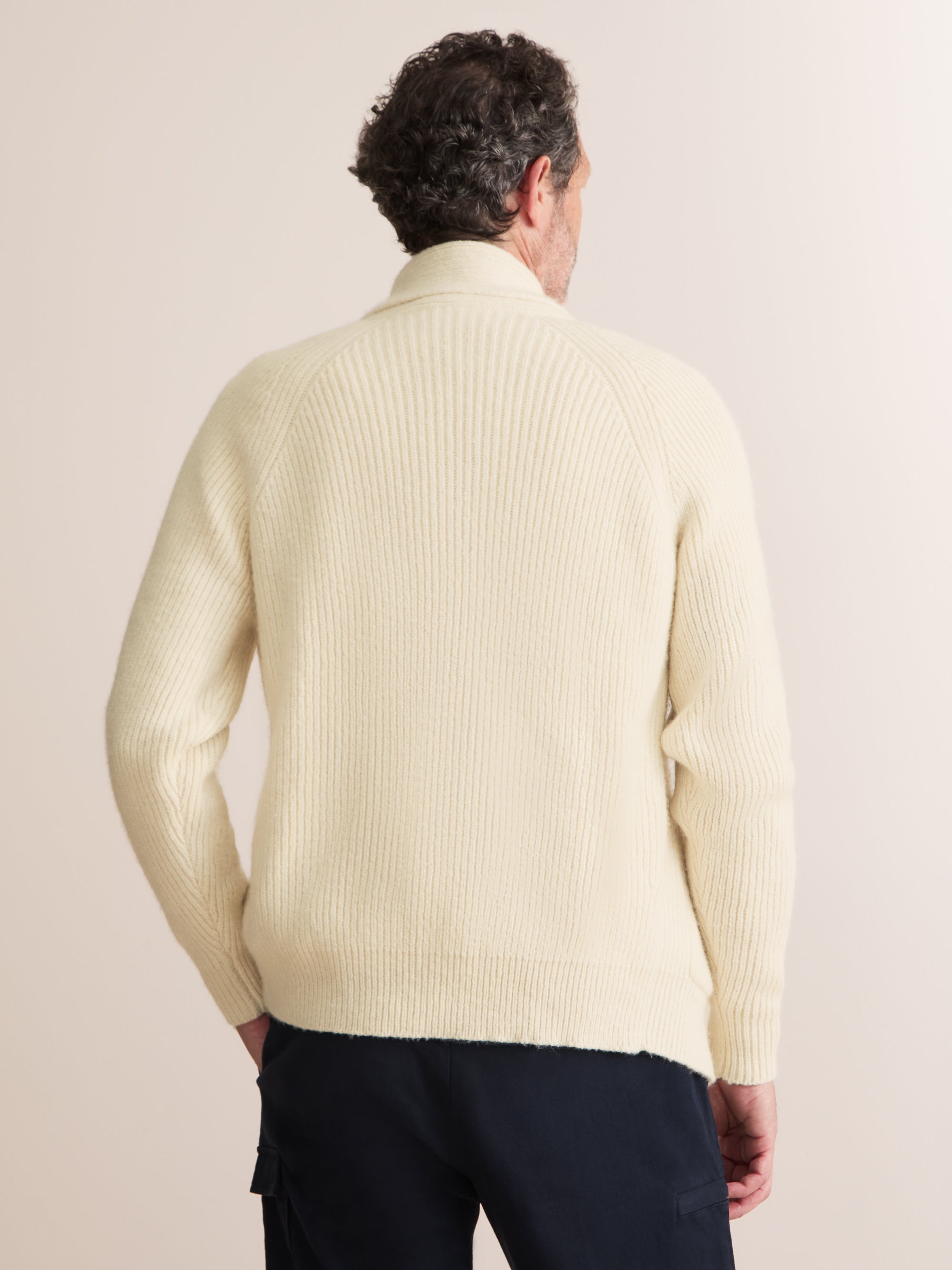 Arthur Wool Cashmere Ribbed Shawl Collar Cardigan Cream