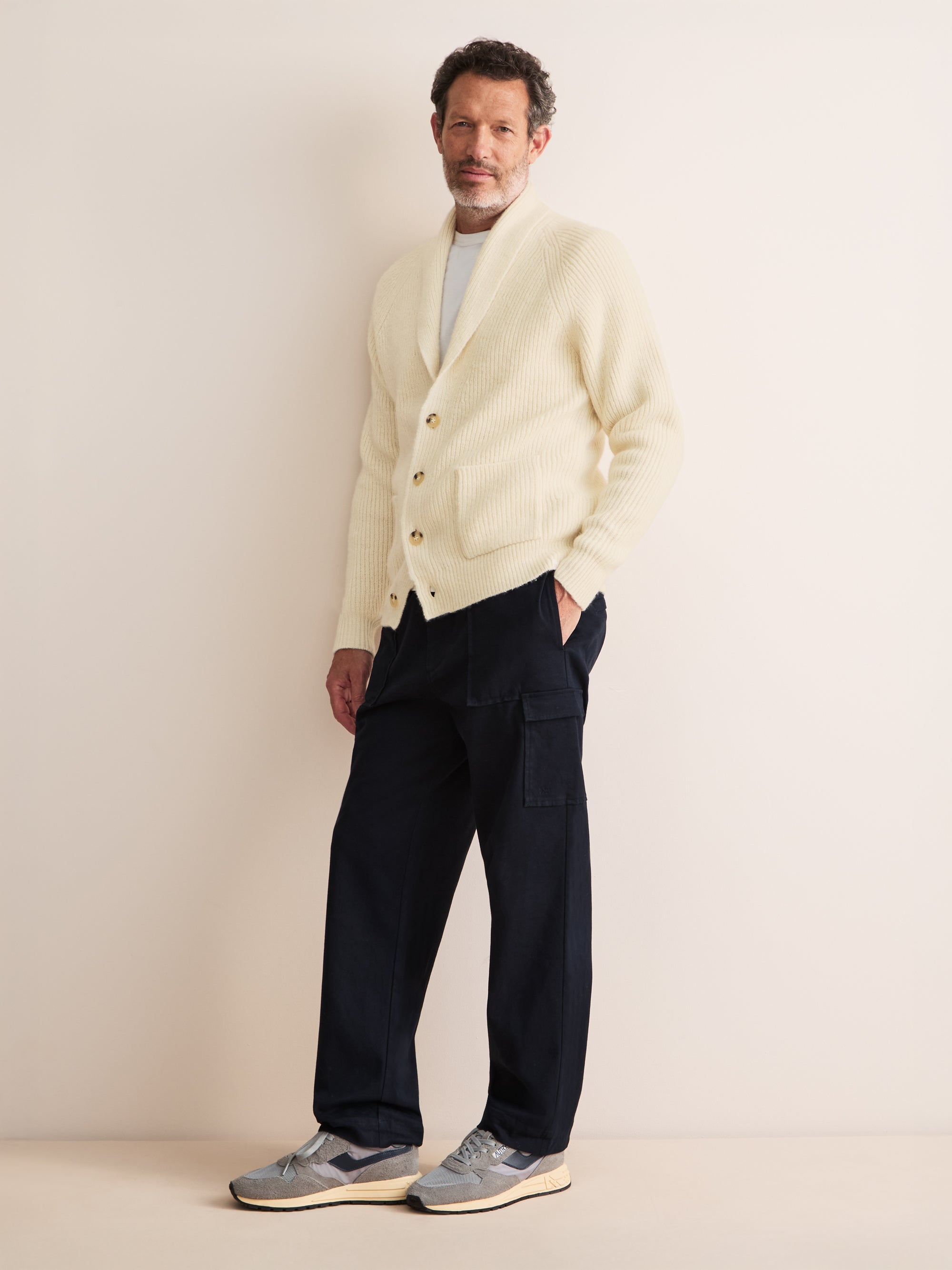 Arthur Wool Cashmere Ribbed Shawl Collar Cardigan Cream
