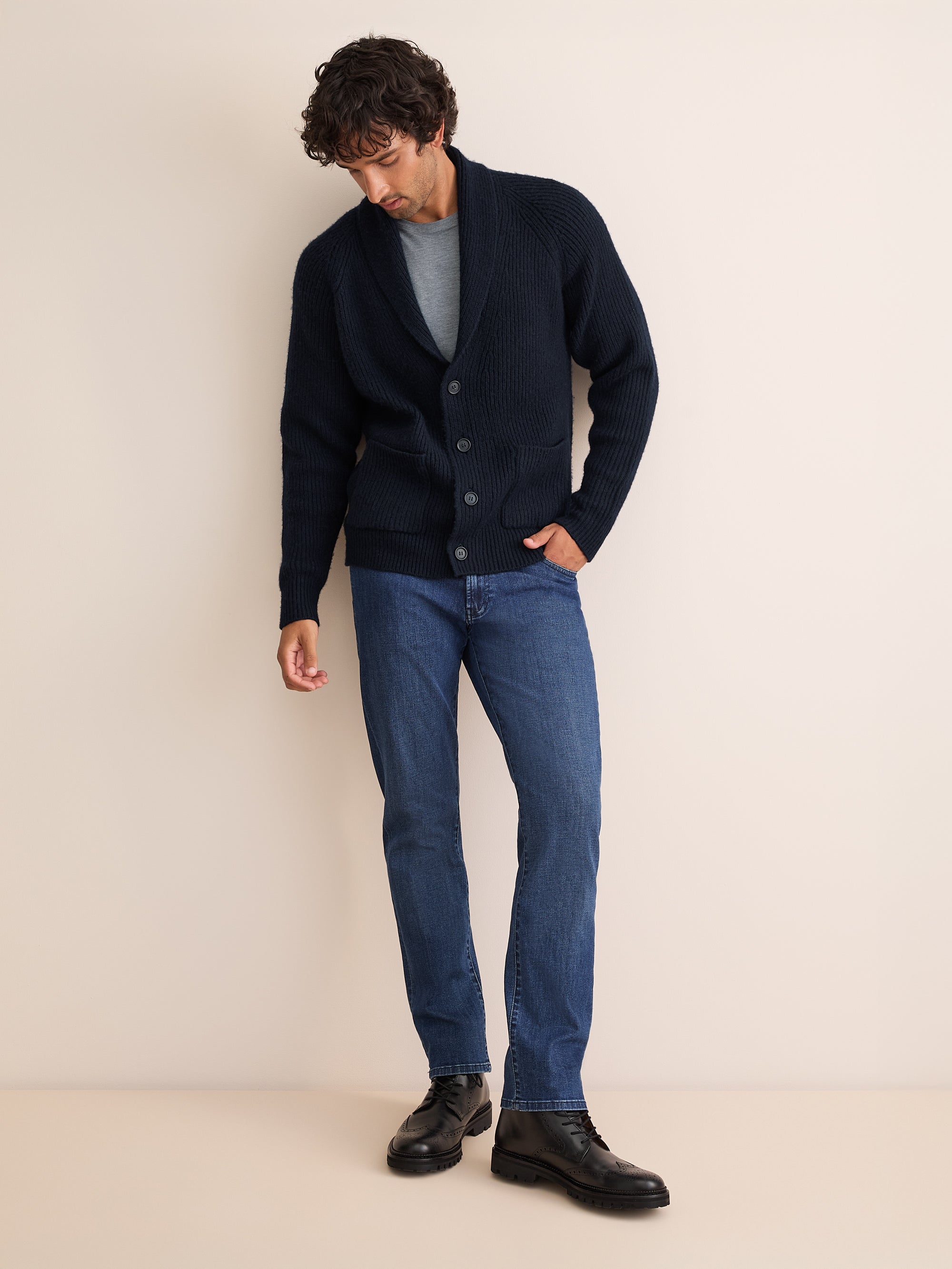 Arthur Wool Cashmere Ribbed Shawl Collar Cardigan Navy Blue
