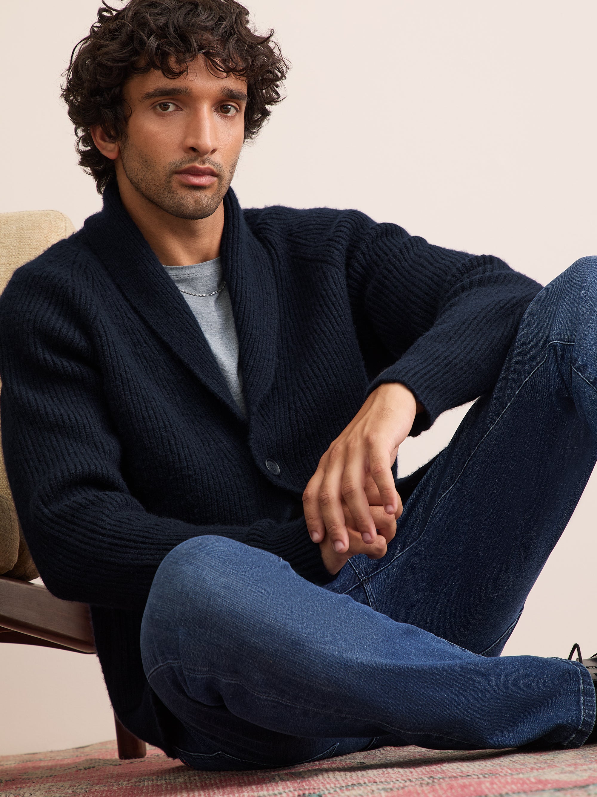 Arthur Wool Cashmere Ribbed Shawl Collar Cardigan Navy Blue