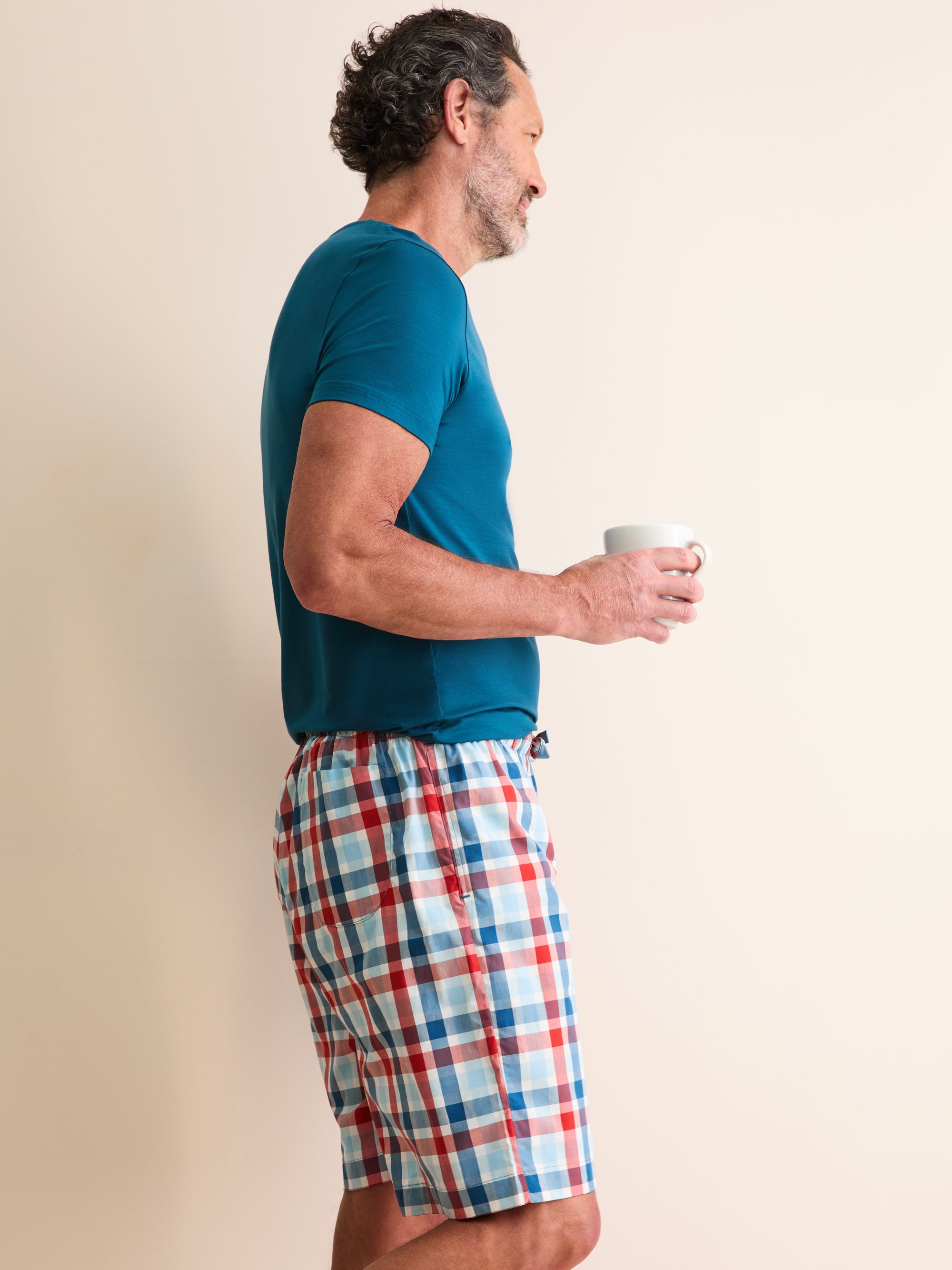 Men's Lounge Shorts Barker Cotton Teal & Red Check