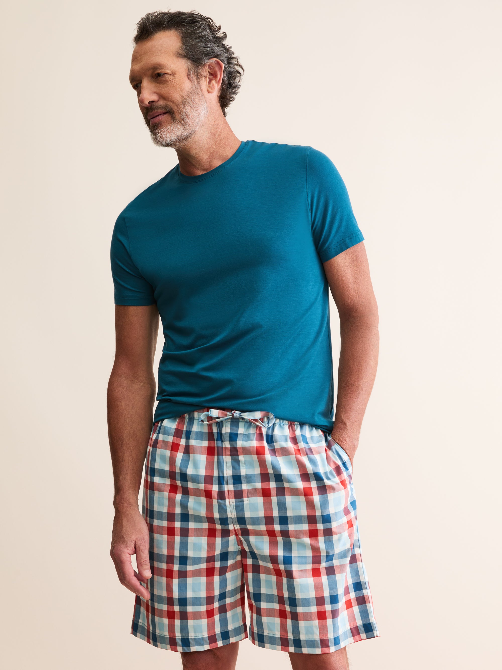Men's Lounge Shorts Barker Cotton Teal & Red Check