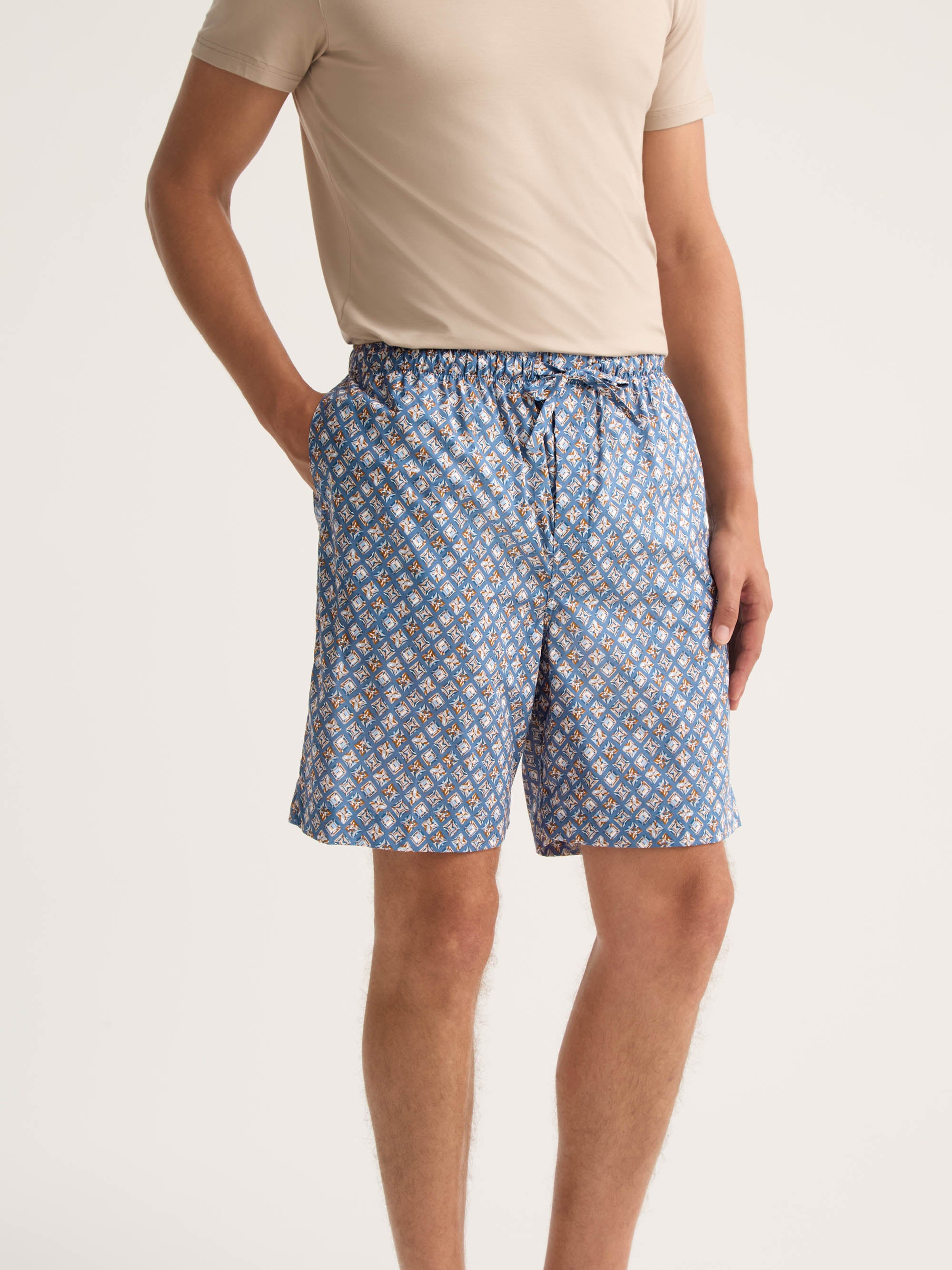 Men's Lounge Shorts Cotton Batiste Blue Multicolour Diamond Print