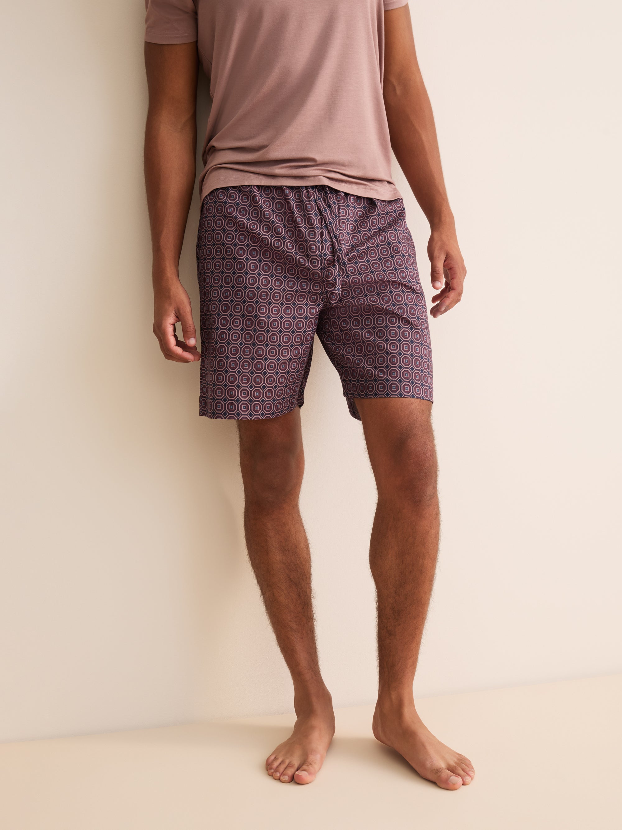 Ledbury Cotton Batiste Lounge Shorts Night Navy & Wine Geo