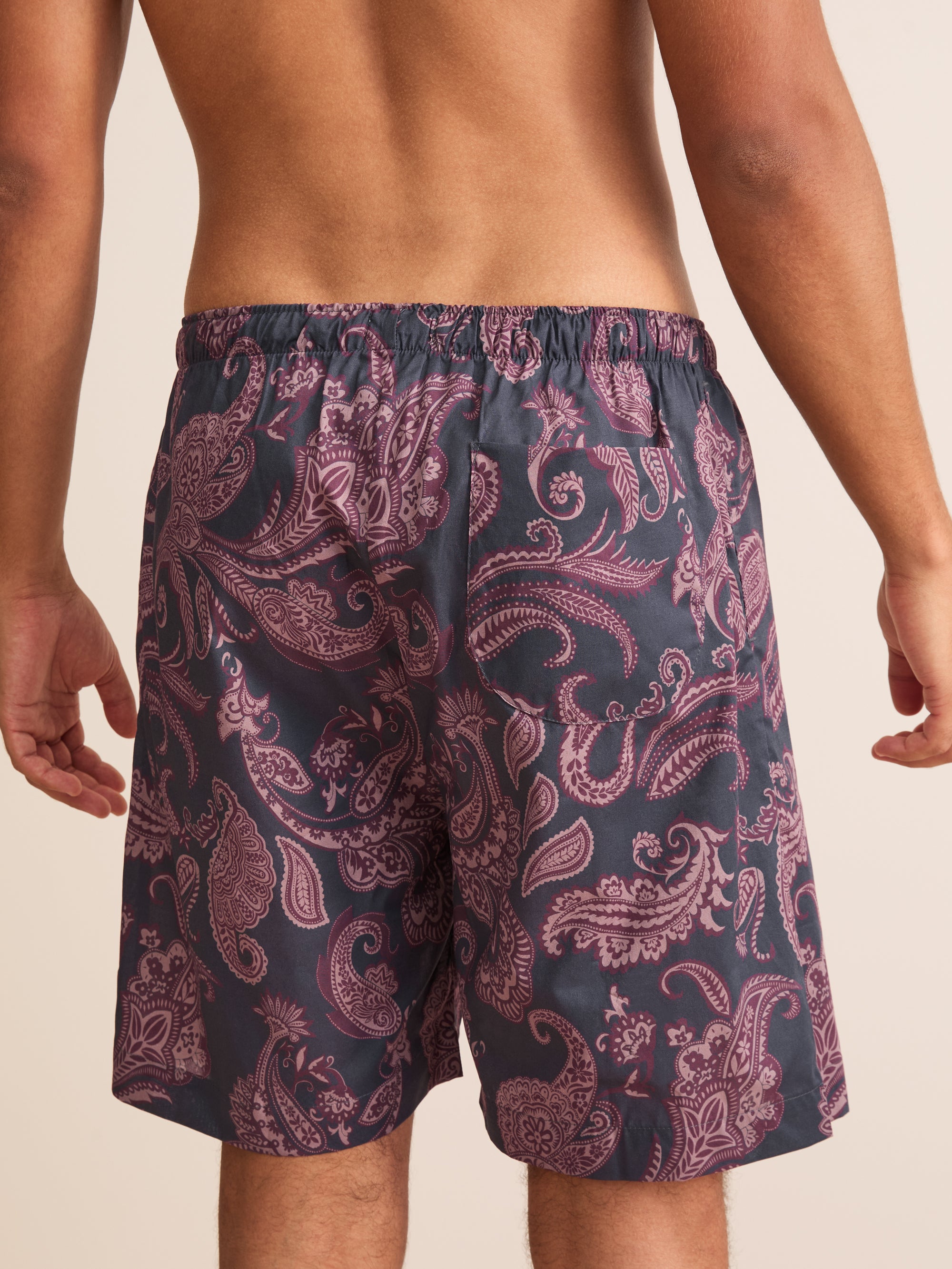 Ledbury Cotton Batiste Lounge Shorts Night Gray & Wine Paisley