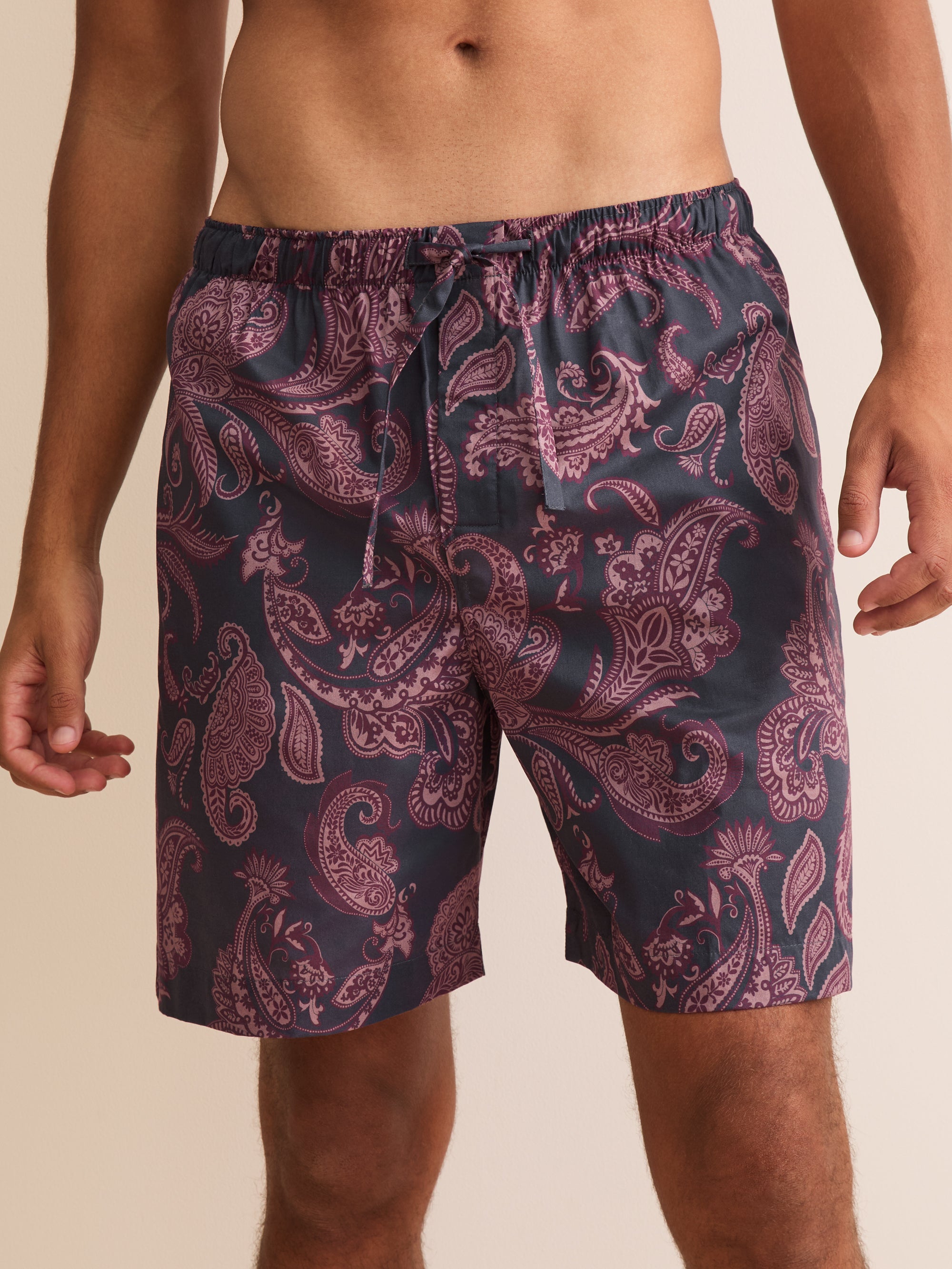 Ledbury Cotton Batiste Lounge Shorts Night Gray & Wine Paisley