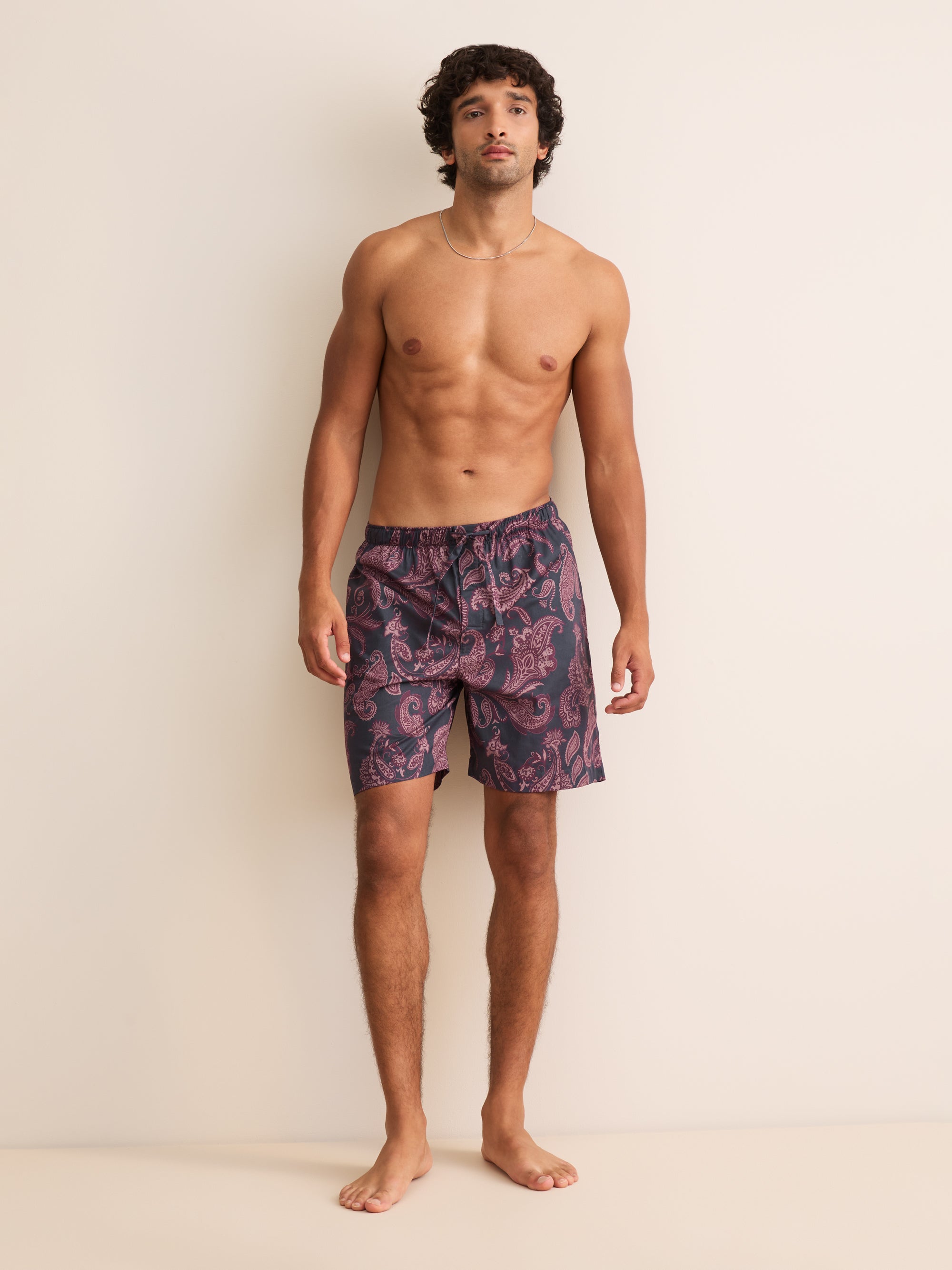 Ledbury Cotton Batiste Lounge Shorts Night Gray & Wine Paisley
