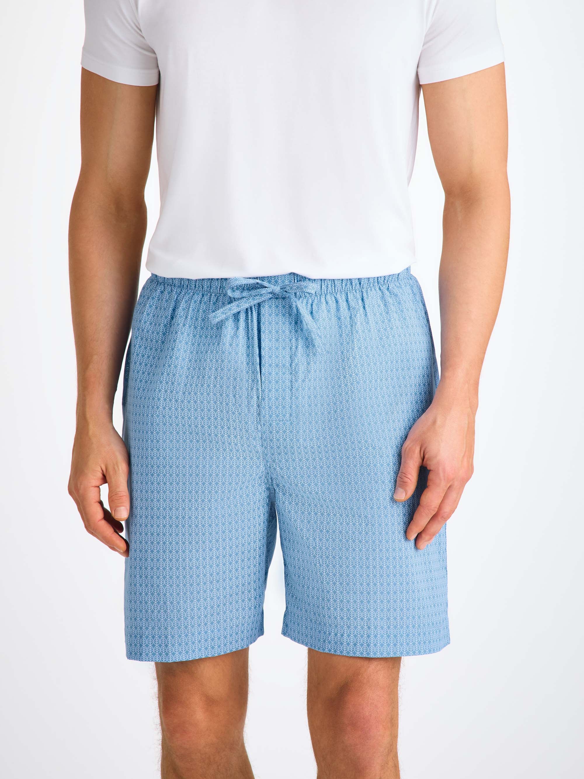 Men's Lounge Shorts Cotton Batiste Blue Jungle Leaf Print
