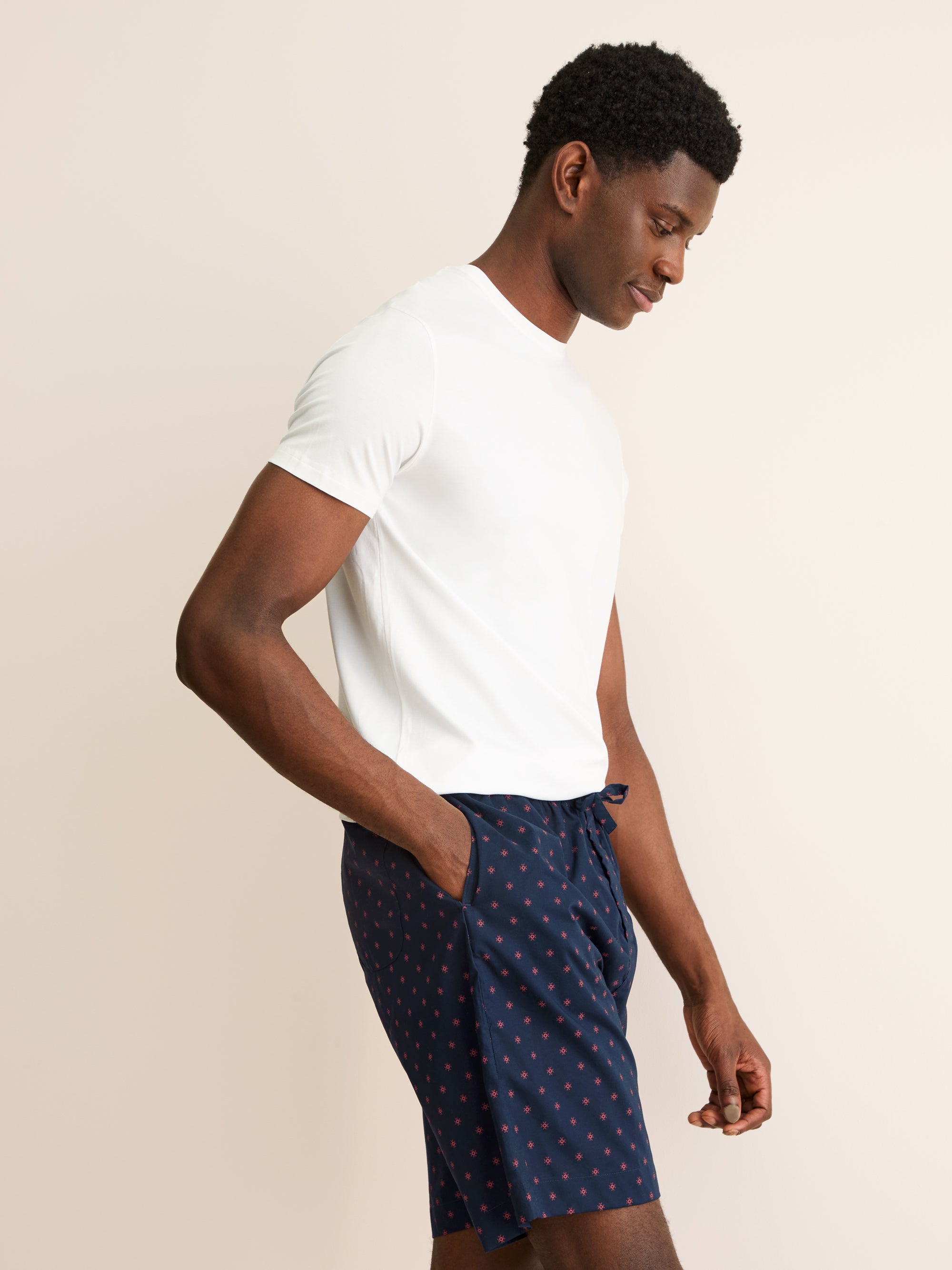 Men's Lounge Shorts Cotton Batiste Rose Star Motif Navy