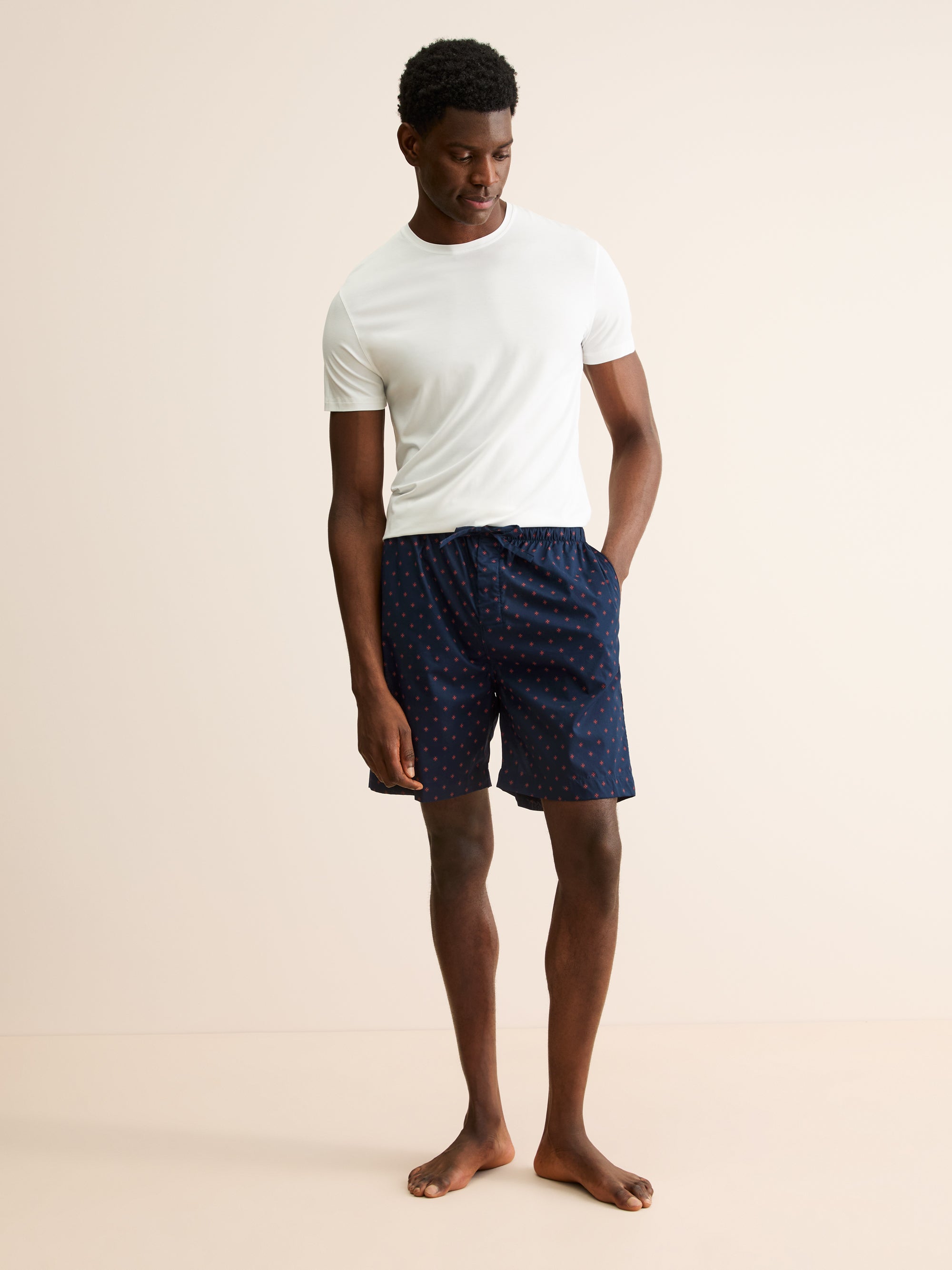 Men's Lounge Shorts Cotton Batiste Rose Star Motif Navy