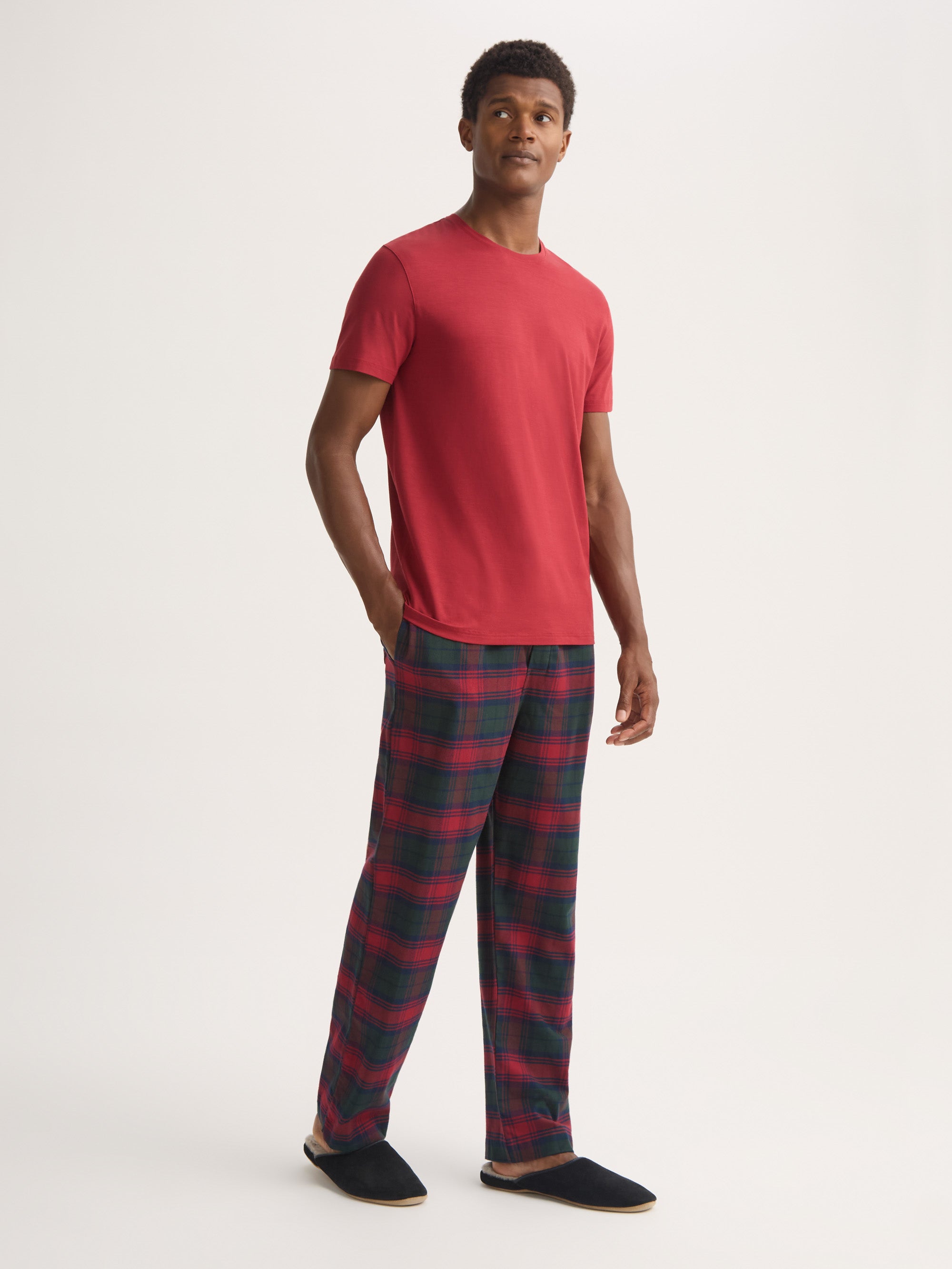 Men's Lounge Trousers Kelburn Brushed Cotton Burgundy Red & Green Check