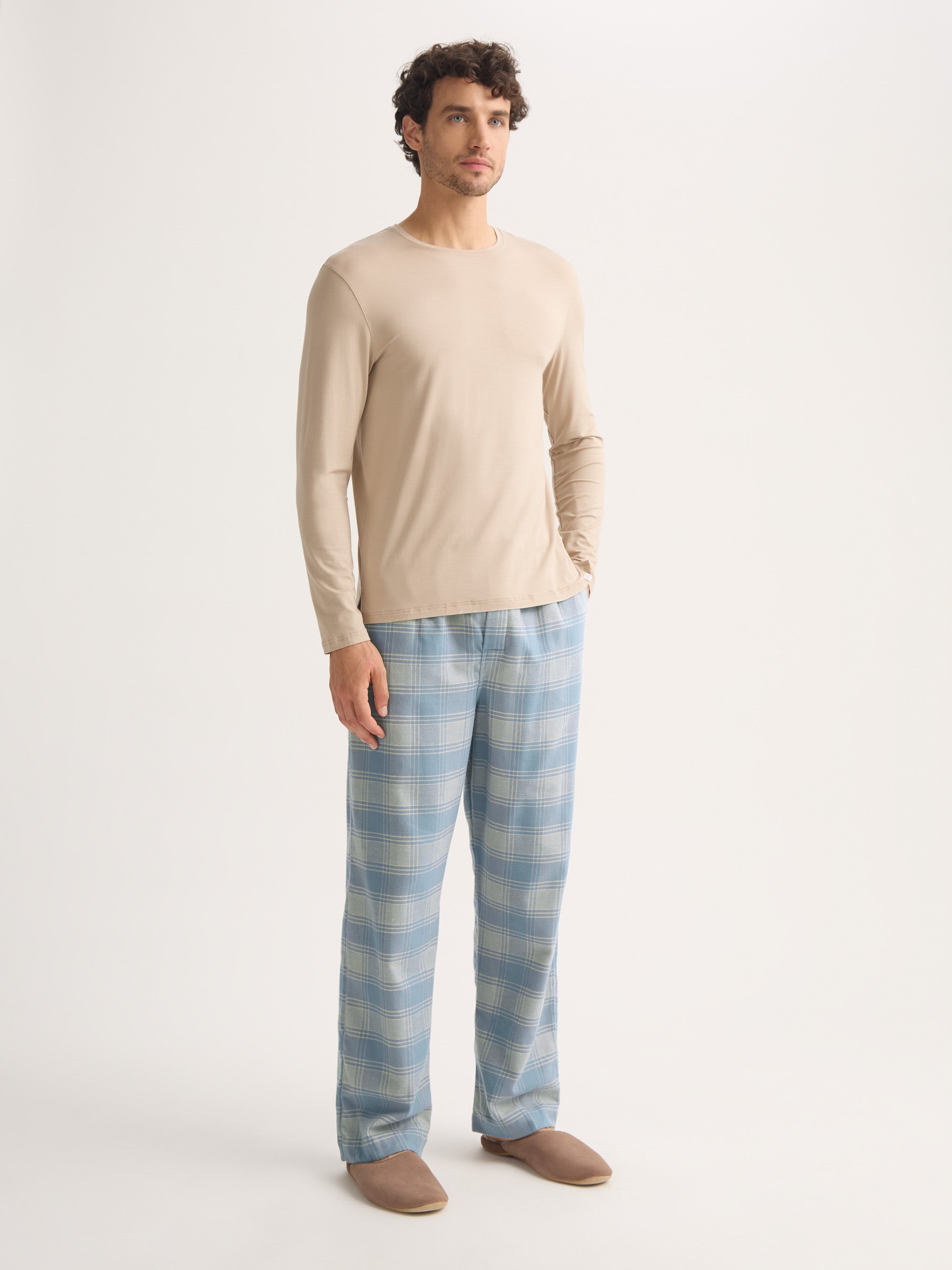 Men's Lounge Trousers Kelburn Brushed Cotton Storm Blue & Ecru Check