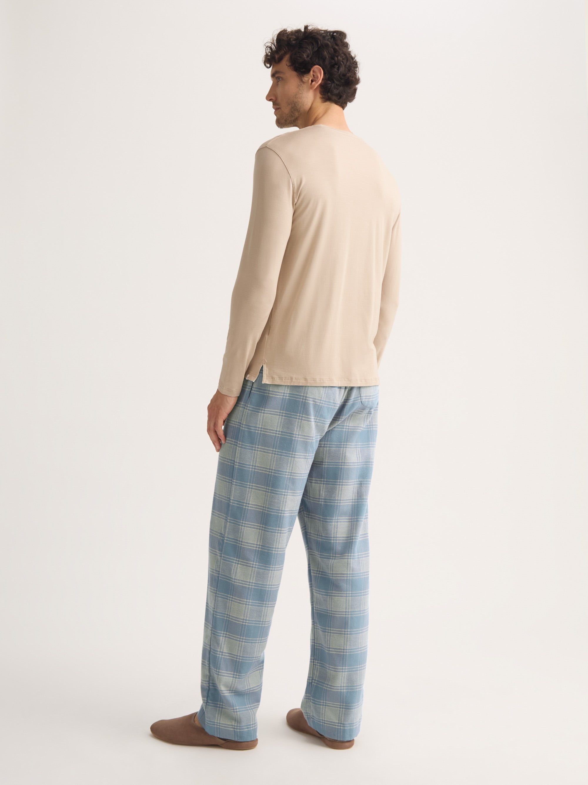 Men's Lounge Trousers Kelburn Brushed Cotton Storm Blue & Ecru Check