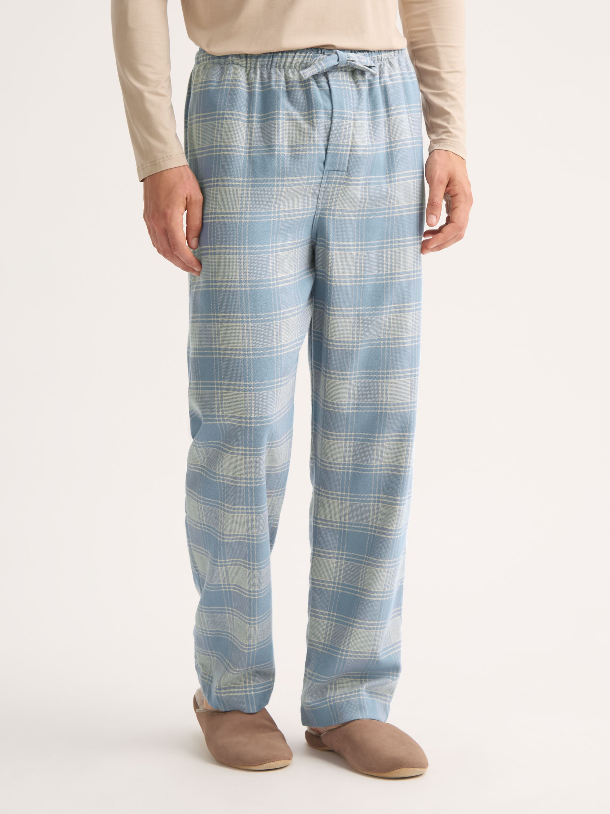 Men's Lounge Trousers Kelburn Brushed Cotton Storm Blue & Ecru Check