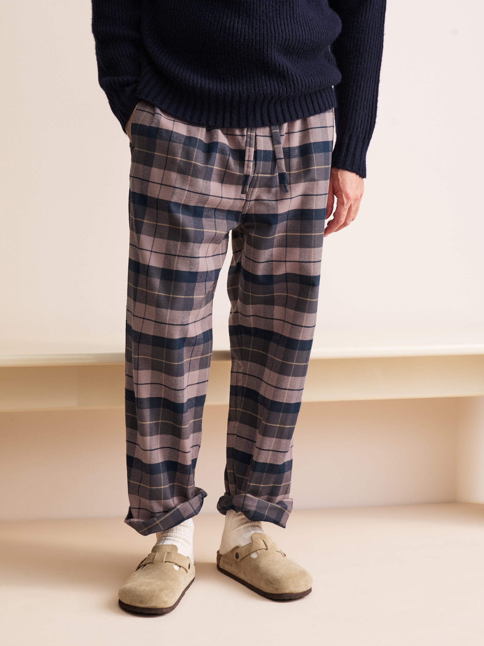 Kelburn Brushed Cotton Lounge Pants Navy & Dusty Pink Check