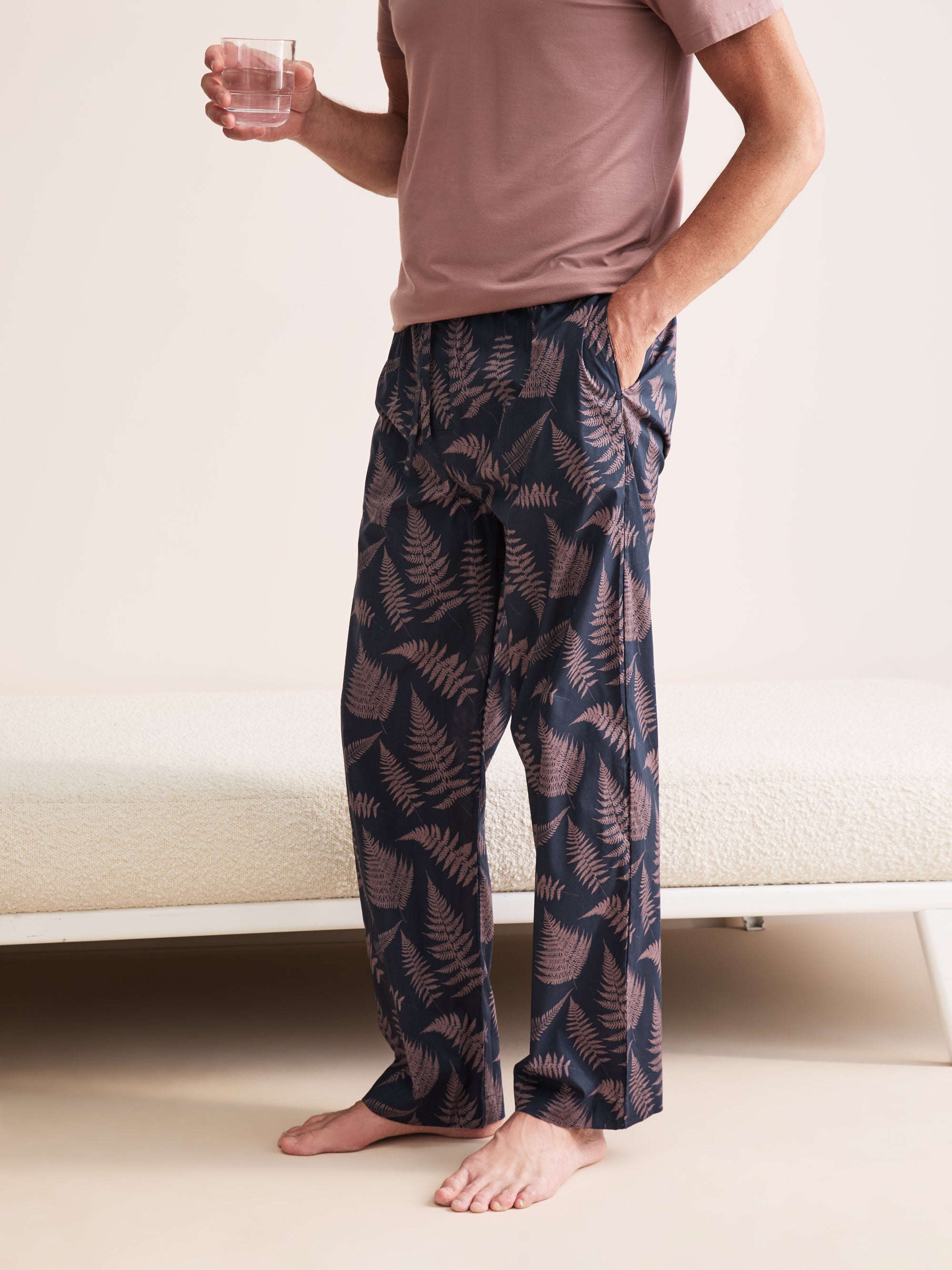 Ledbury Cotton Batiste Lounge Pants Navy & Pink Fern