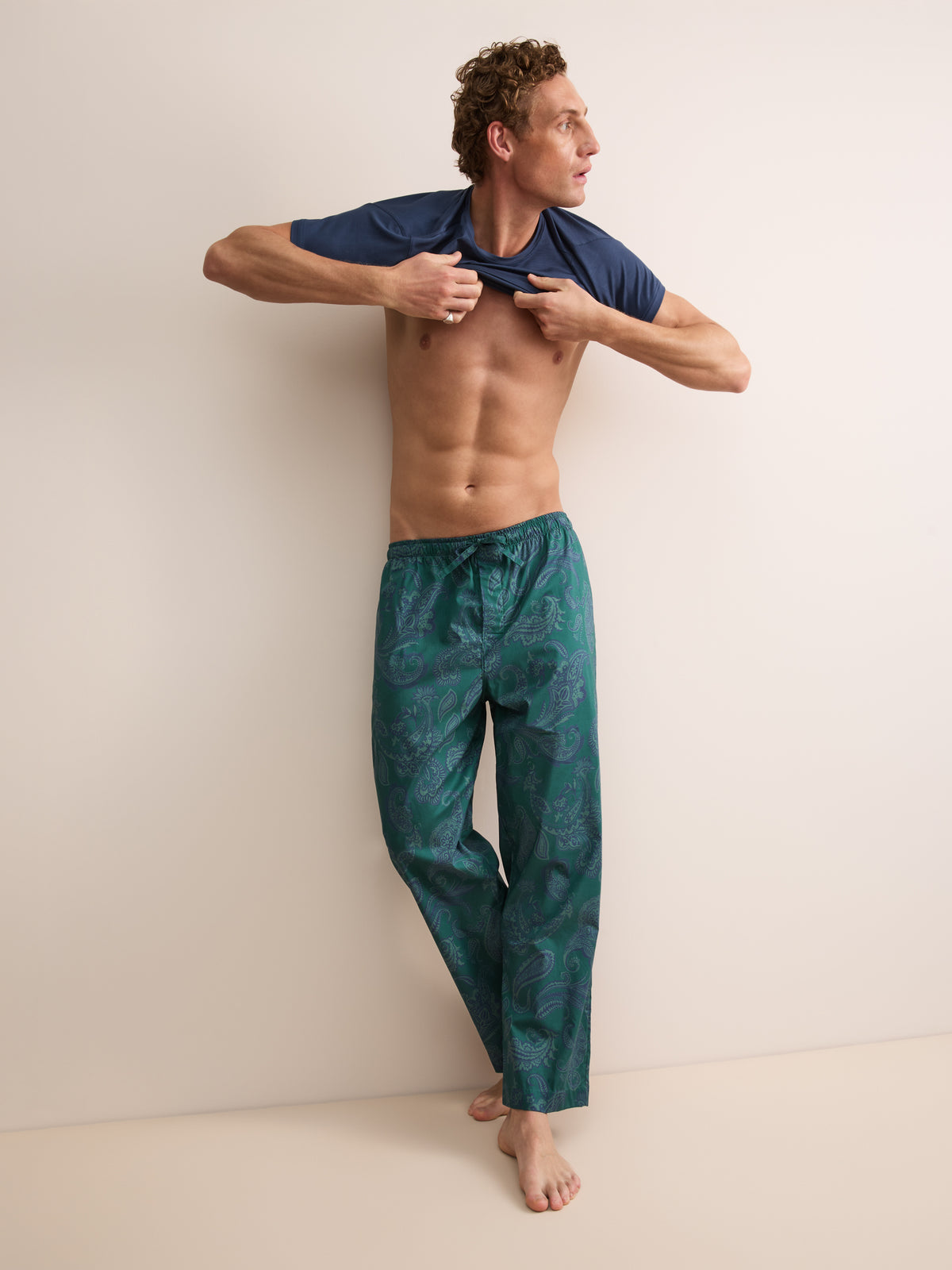 Ledbury Cotton Batiste Lounge Trousers Muted Teal & Navy Paisley