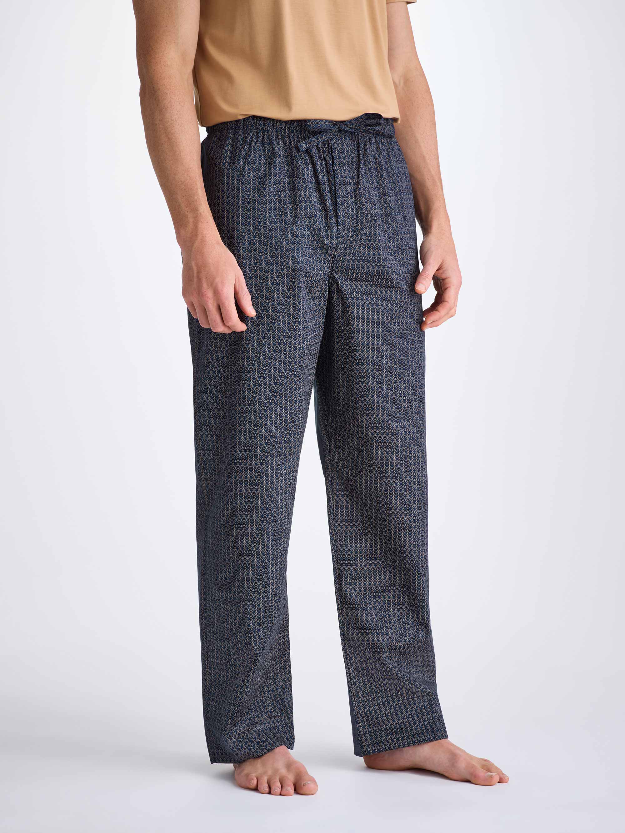 Men's Lounge Pants Cotton Batiste Navy Jungle Leaf Print