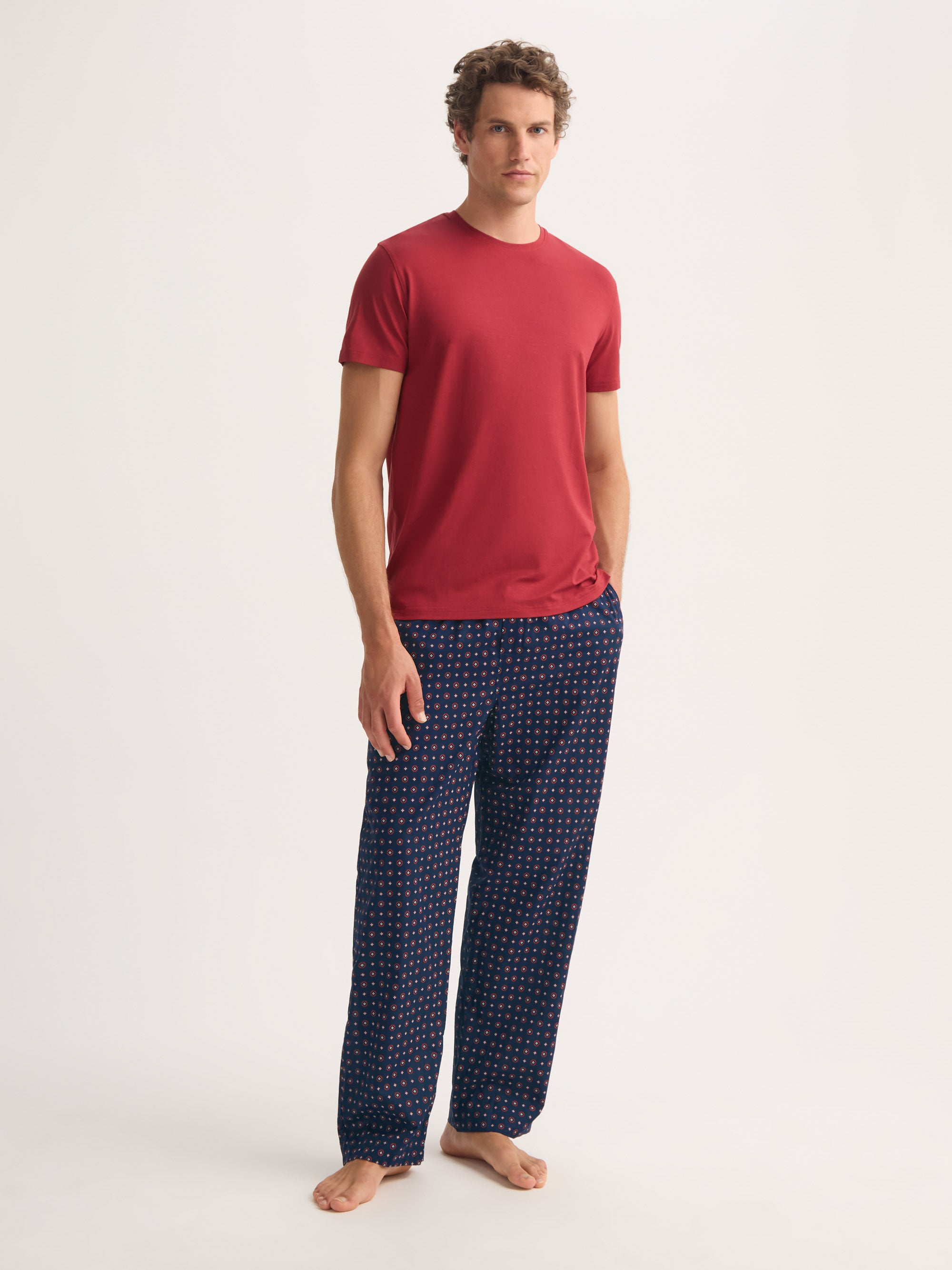 Men's Lounge Trousers Cotton Batiste Navy Blue Rose Motif