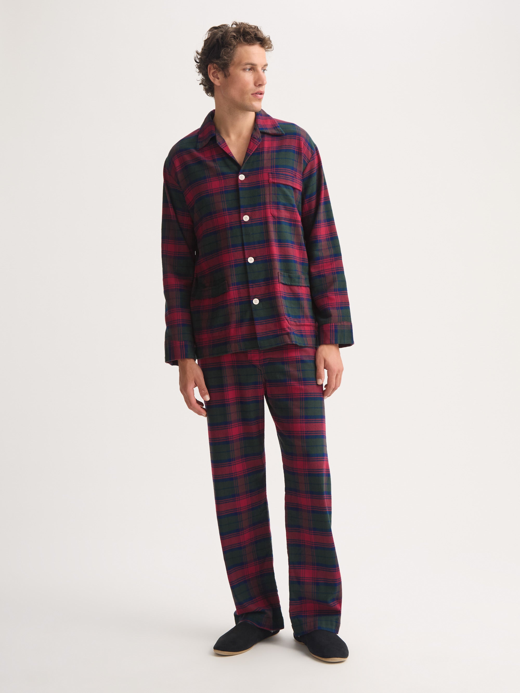 Men's Classic Fit Pajamas Kelburn Brushed Cotton Burgundy Red & Green Check