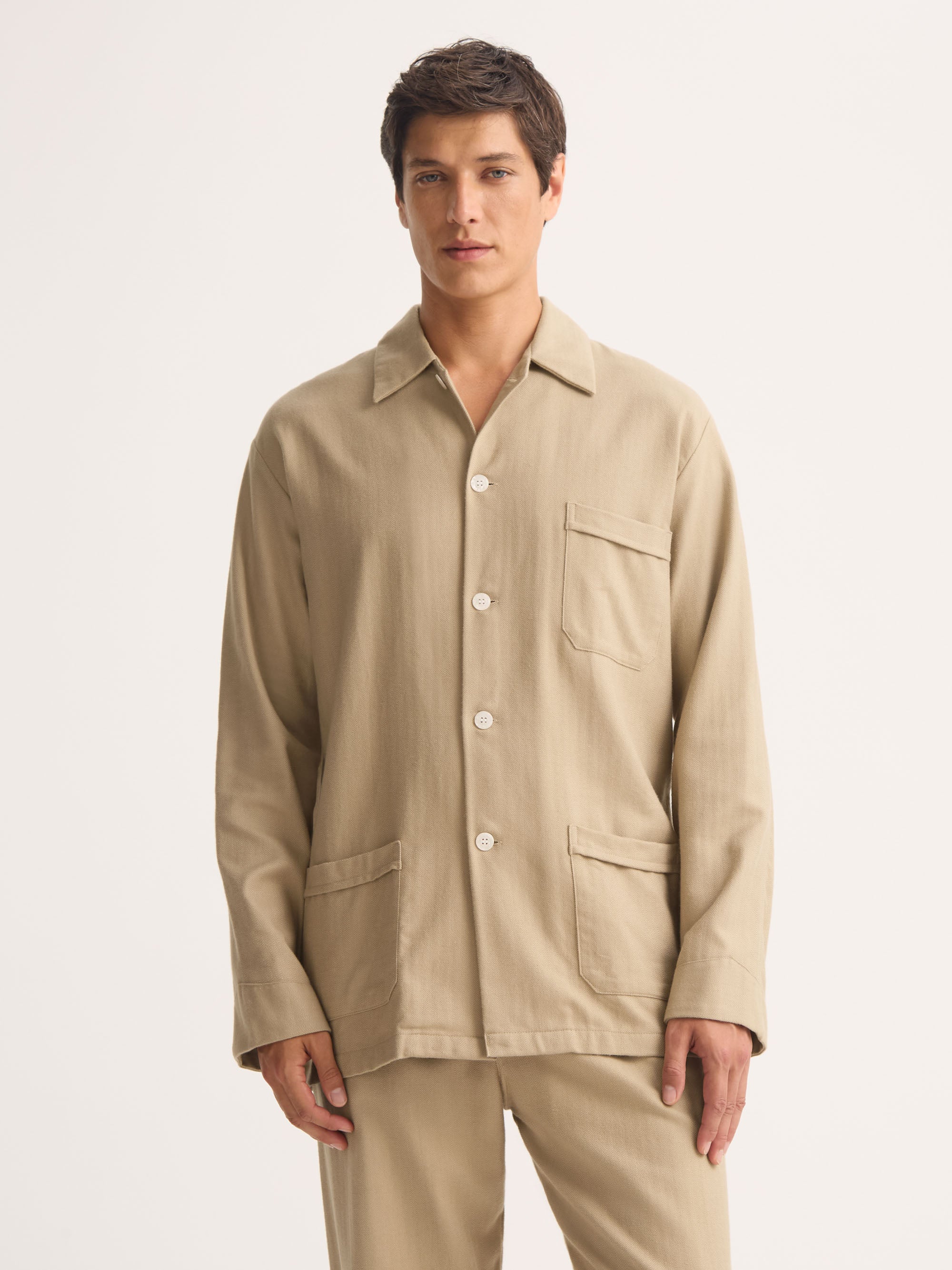 Men's Classic Fit Pajamas Kelburn Brushed Cotton Light Stone Herringbone
