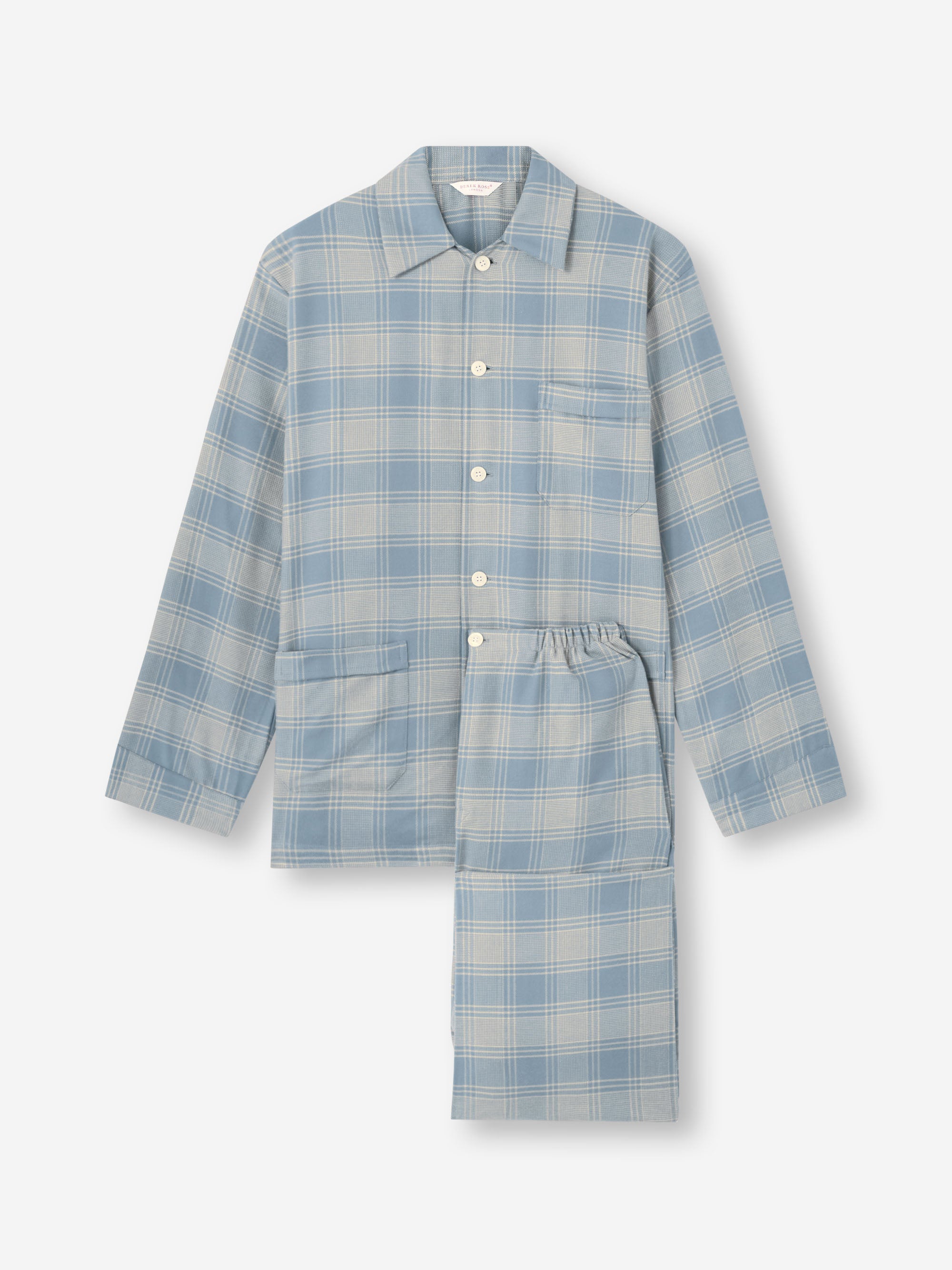 Men's Classic Fit Pajamas Kelburn Brushed Cotton Storm Blue & Ecru Check